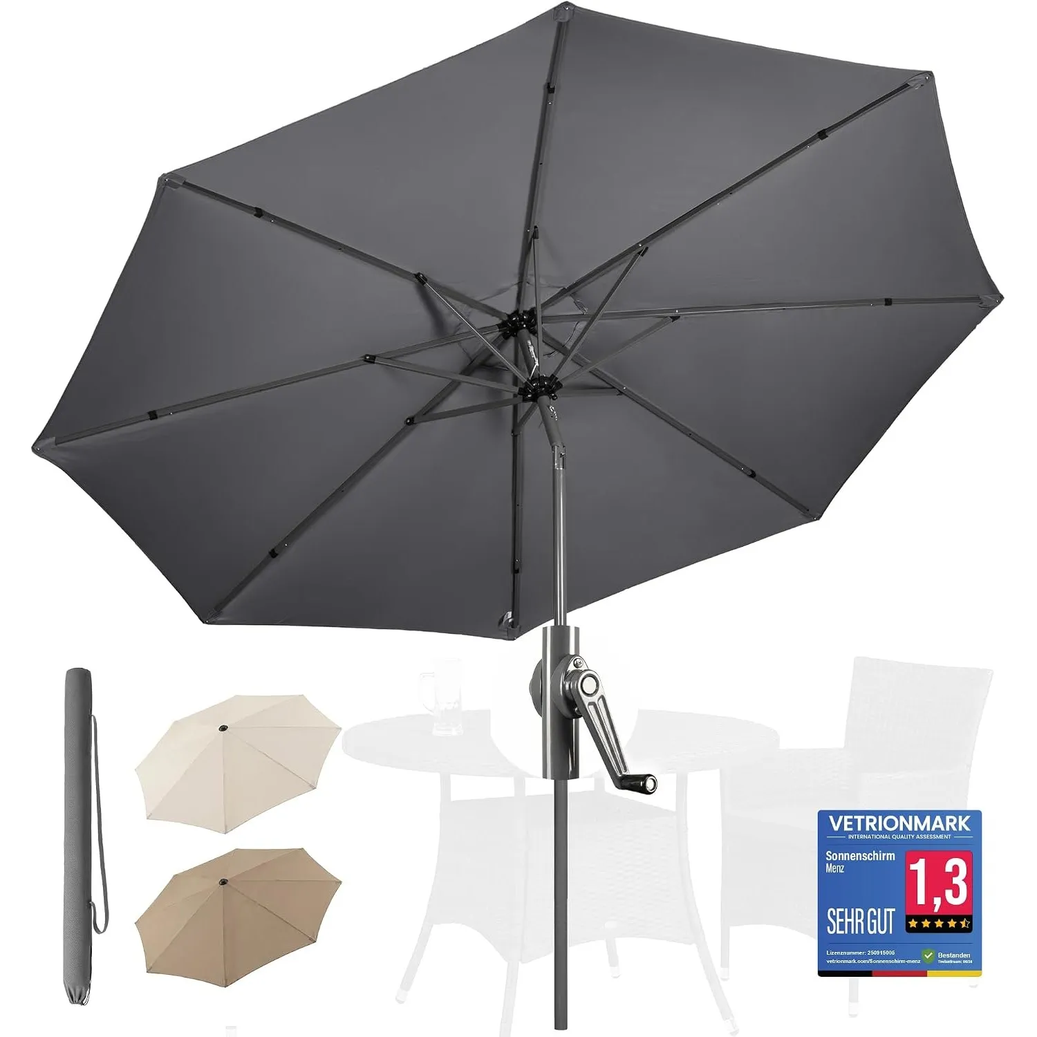 4smile Sonnenschirm 300 cm, mit Kurbel – großer Sonnenschirm Balkon für die Terrasse, mit UV 50+ Schutz, 3 m Durchmesse…