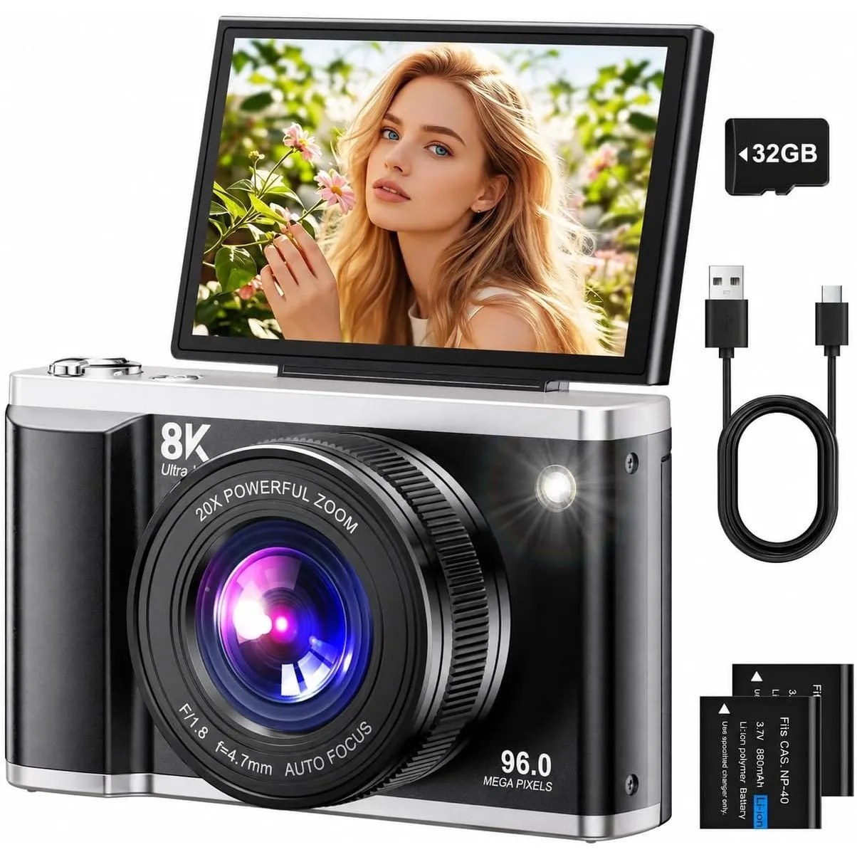 Digitalkamera 8K 96MP mit WLAN, 20X Digitalzoom, Autofokus-Fotokamera mit Anti-Shake, 3,5'' 180° Klappdisplay Kompaktka…