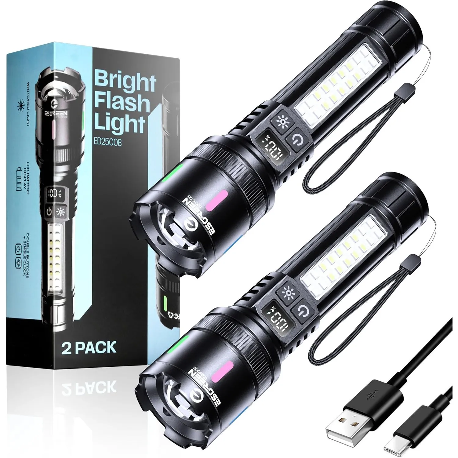 Esgreen Taschenlampe LED Aufladbar 1000000 Lumens Langlebige 12H 2 Stück