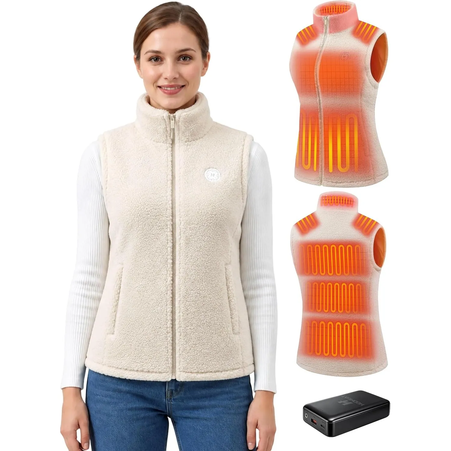 Fleece Heizweste Damen mit Powerbank 7.4V 16000 mAh, 15 Heizzonen