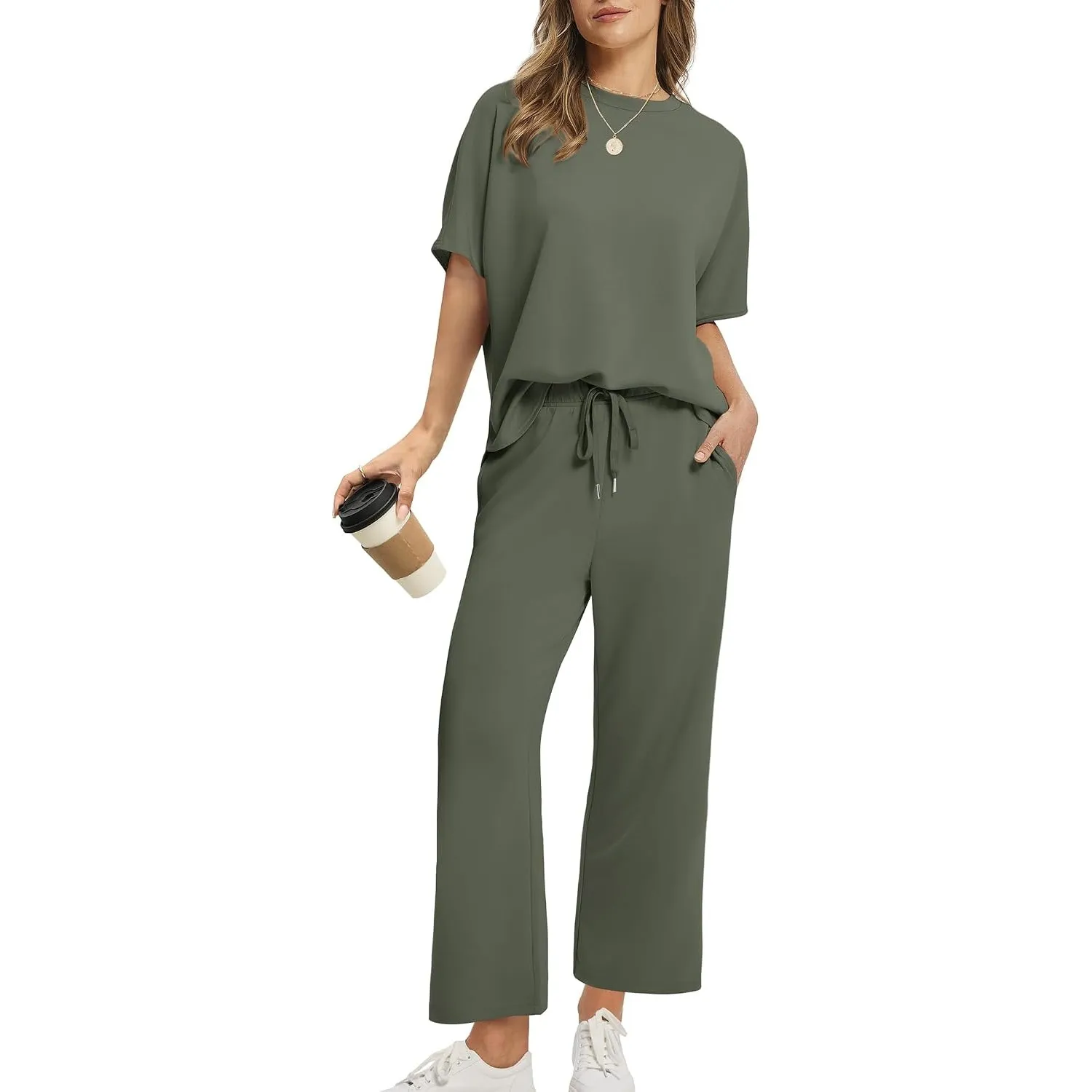Desol Zweiteiler Damen Sommer Outfits, Trainingsanzug Sets Kurzarm Oberteil & Jogginghosen, Weites Bein Caprihosen für …