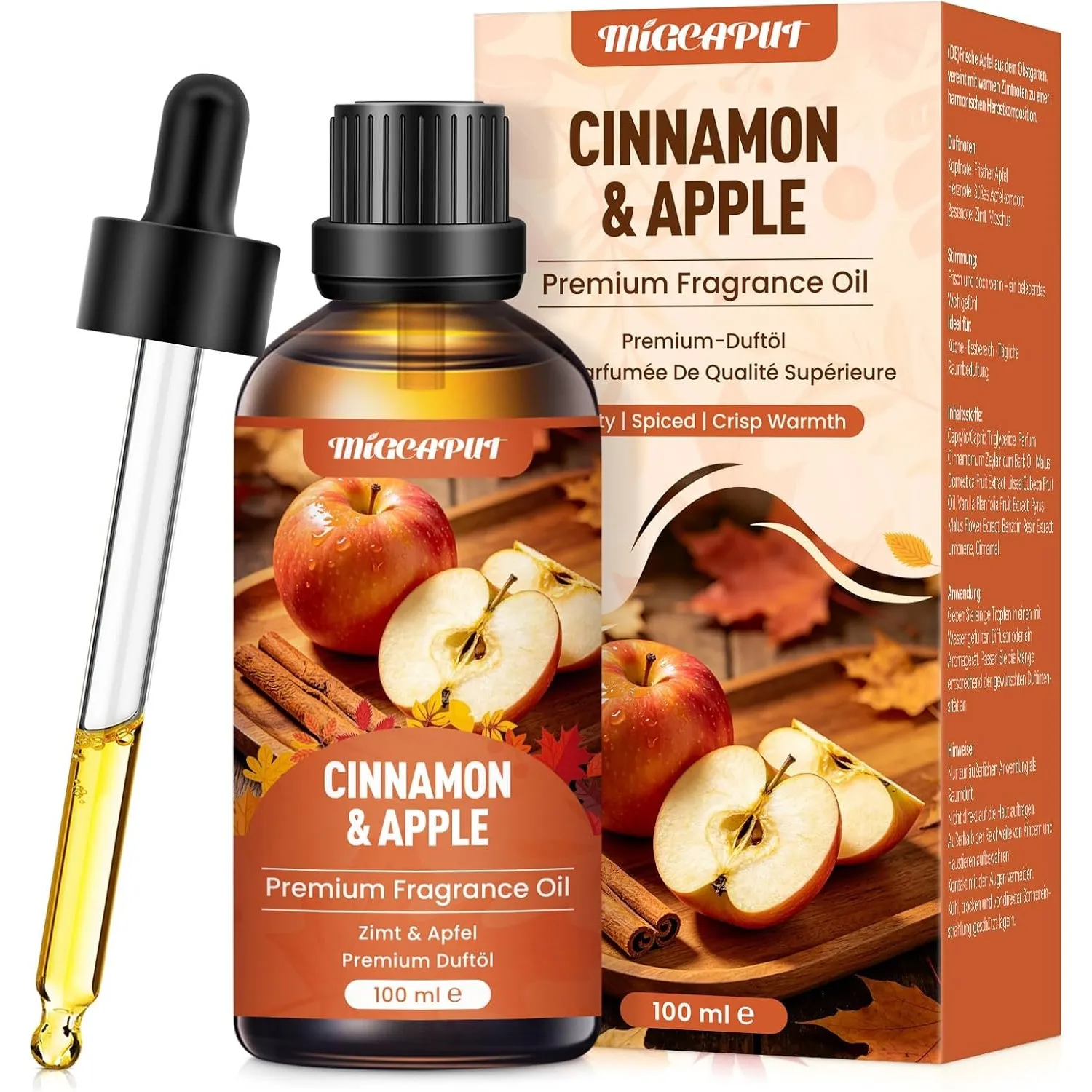 Migcaput Ätherisches Öl Zimt-Apfel 100ml, Premium Festival Essential Oils Duftöle für Diffuser, Luftbefeuchter, Kerzenh…