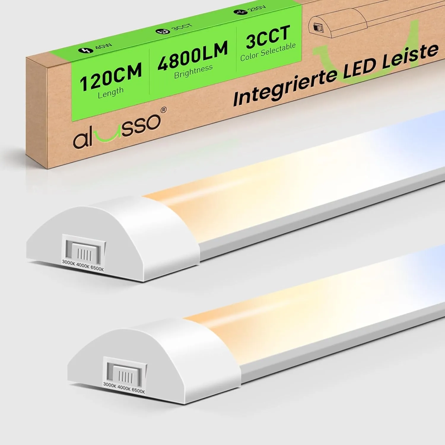 ALUSSO 2er Set LED Röhre 120cm, Integrierte Leiste Superhelle Garage Lampe