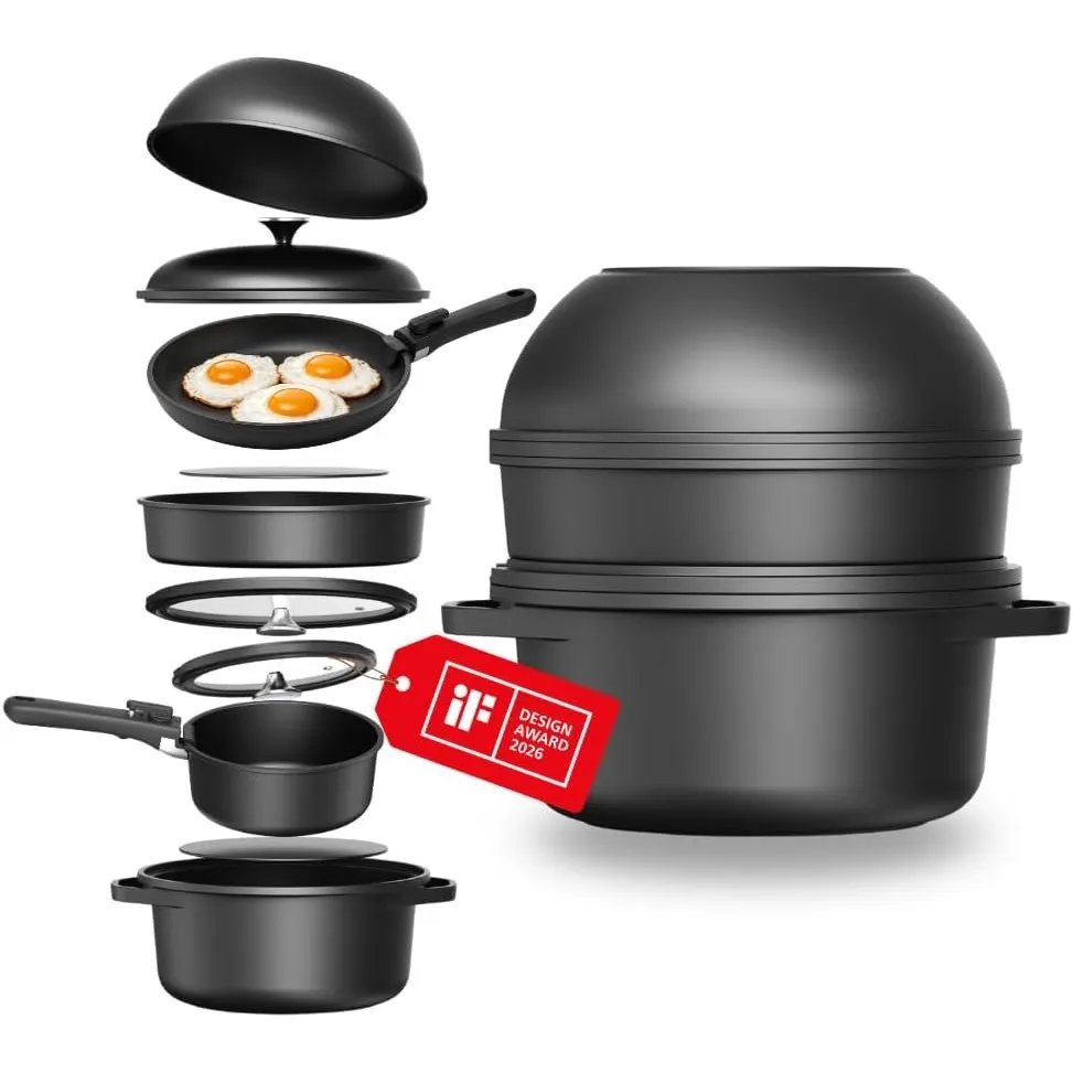 Topfset Induktion 12-teilig, Töpfe, stapelbar, abnehmbarer Griff