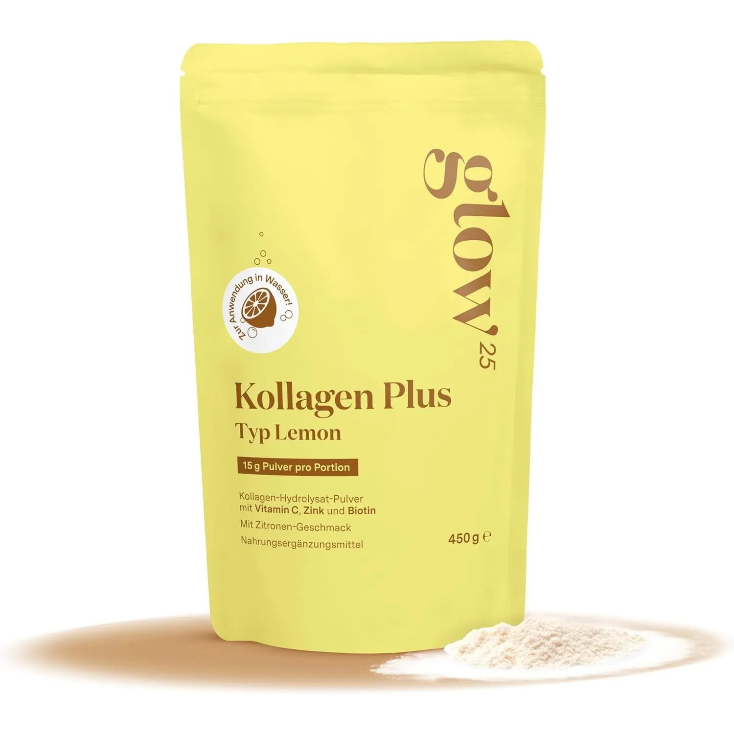 Glow25® Kollagen Plus Typ Lemon [450g] – Collagen Hydrolysat mit Vitamin C, Zink und Biotin – Peptide Typ 1 und 3 – Spe…