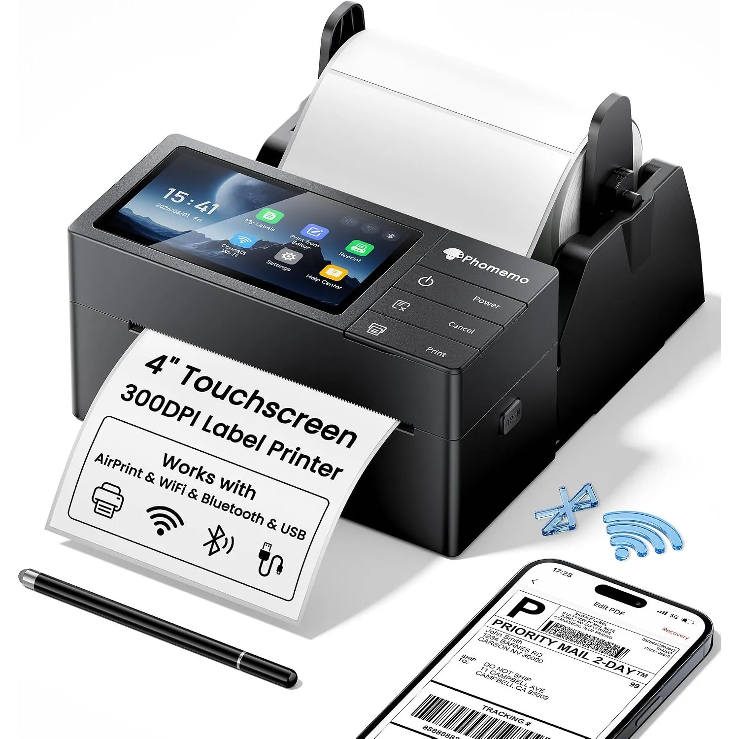 Phomemo 300dpi WiFi Versandetiketten Drucker 4x6 mit Touchscreen, Airprint