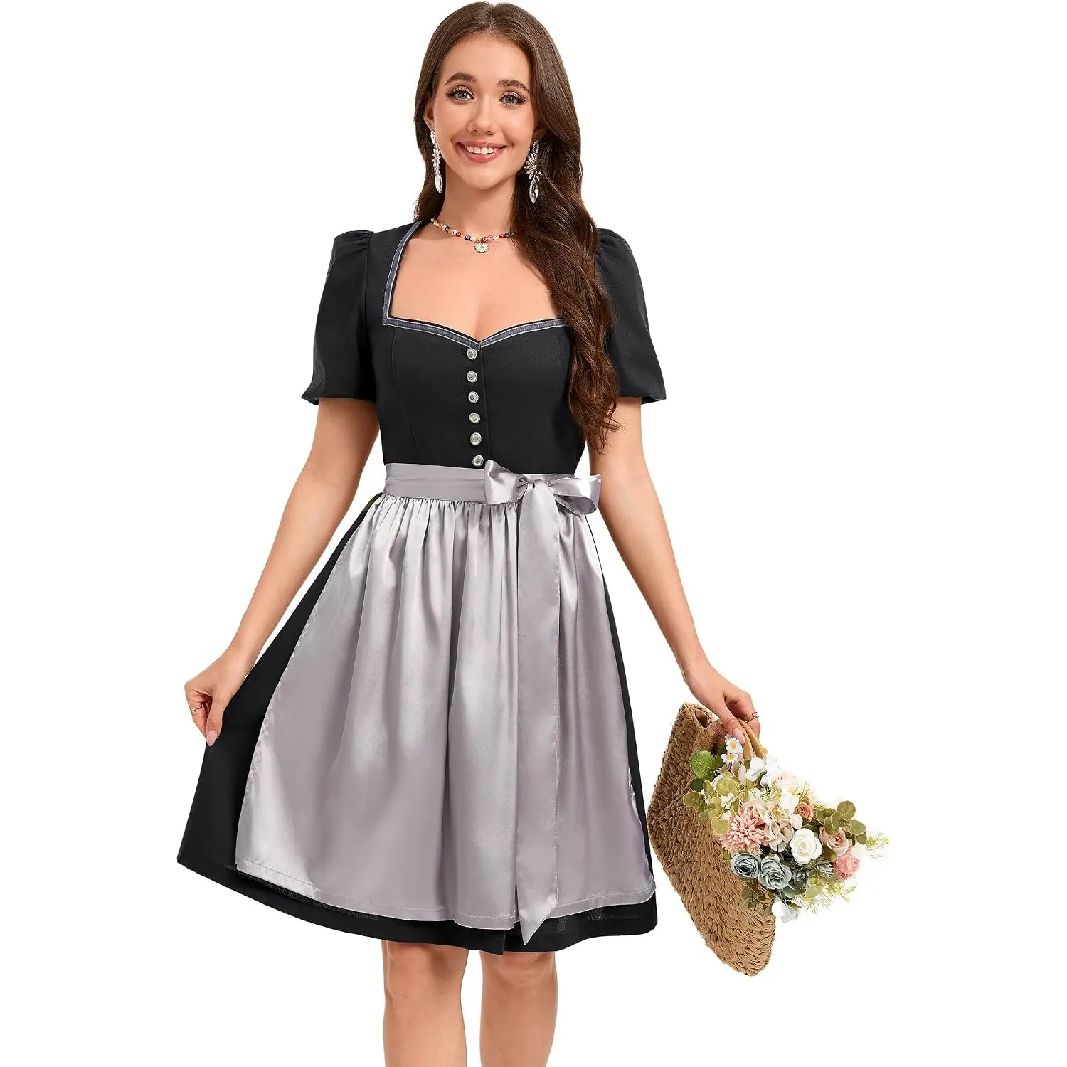 YesFashion Damen Dirndlkleid 2tlg. Elegantes Trachtenkleid mit Puffärmeln und Schürze – Midi Dirndl für Oktoberfest(Bau…