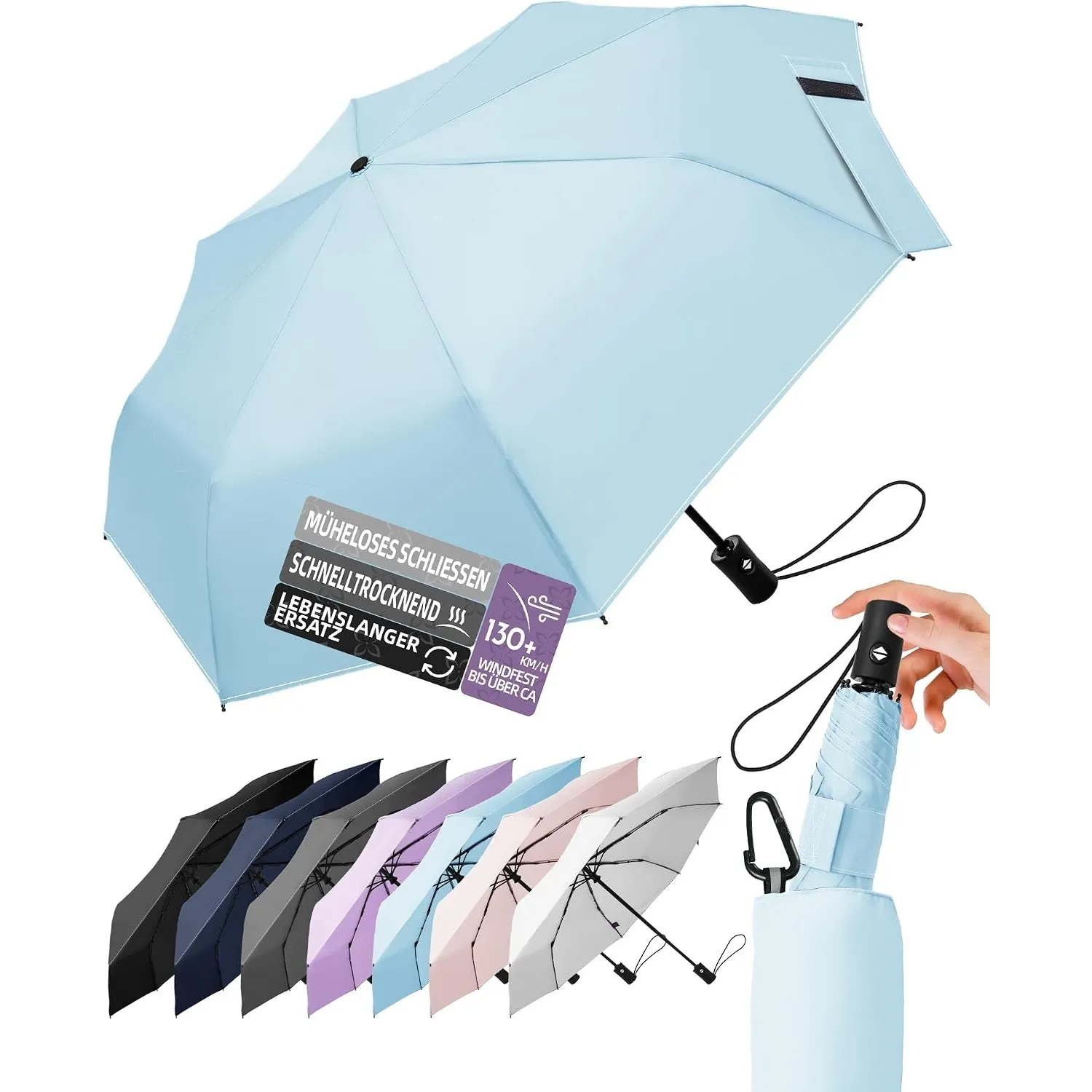 LILAC Regenschirm Klein Stabil Windfest, 110cm Taschenschirm Auf-Zu-Automatik, Kompakter Reiseschirm mit Klettverschlus…