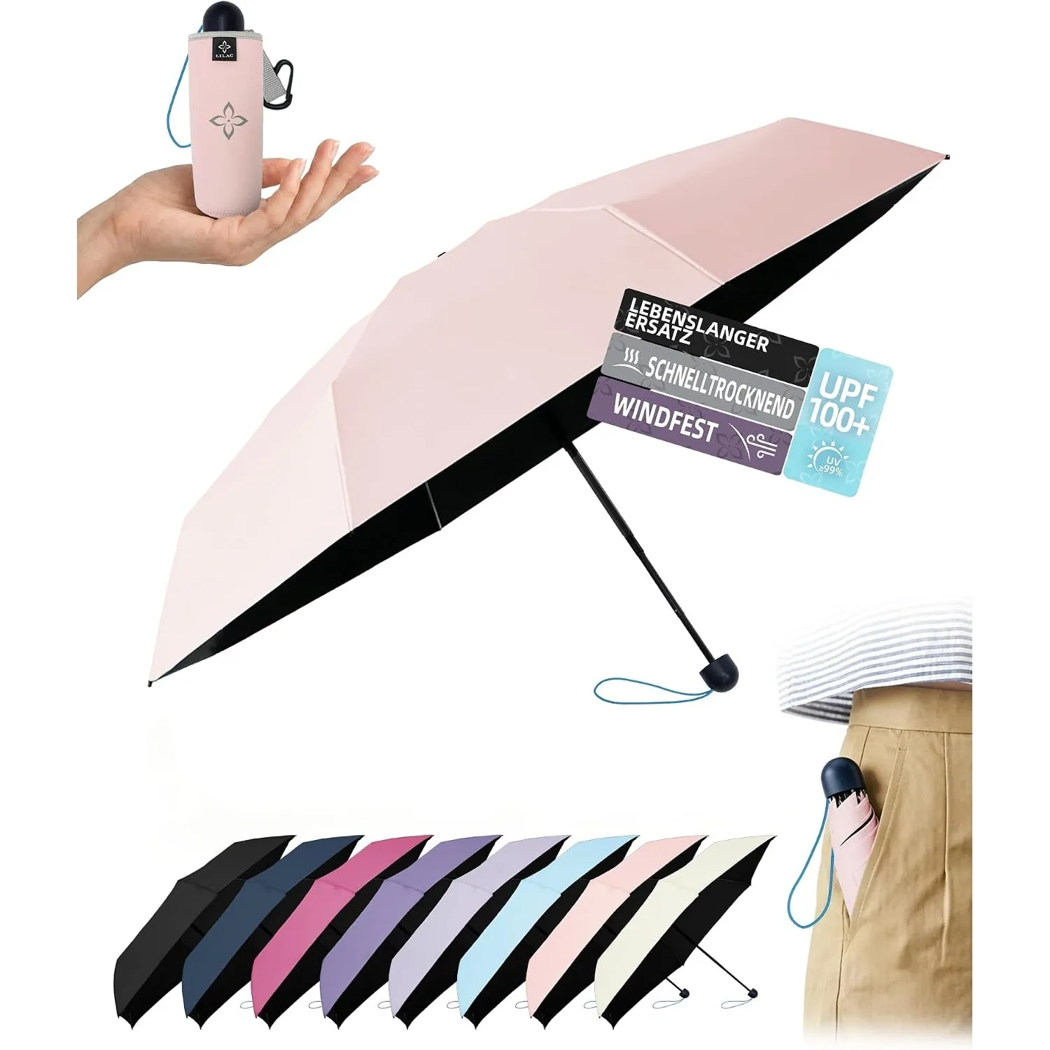 LILAC Mini Reise-Regenschirm, Kühlender UV-Schutz, leicht & kompakt