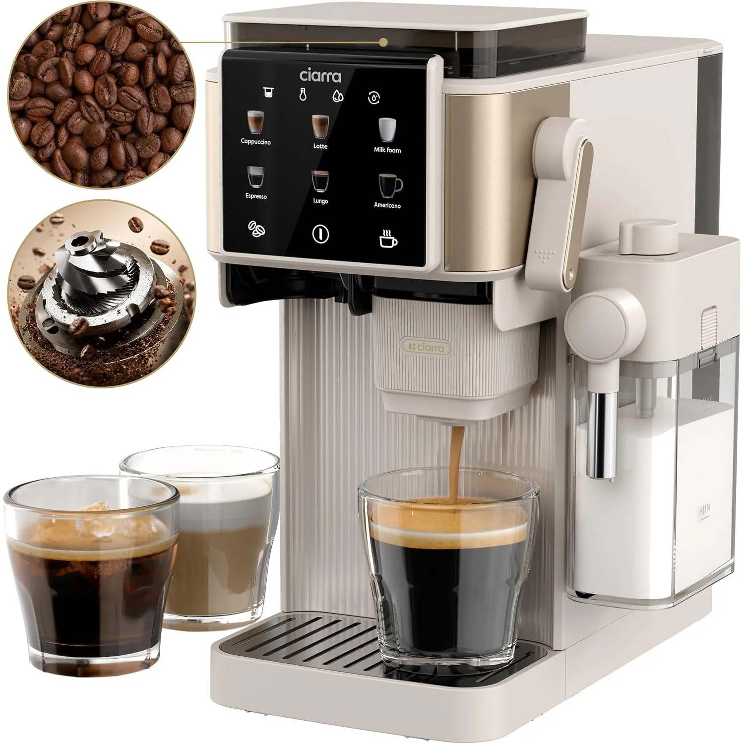 CIARRA CBSACM-D6 Kaffeemaschine mit Mahlwerk und Milchaufschäumer 15 Bar | Semi-automatische Espressomaschine mit Mahle…