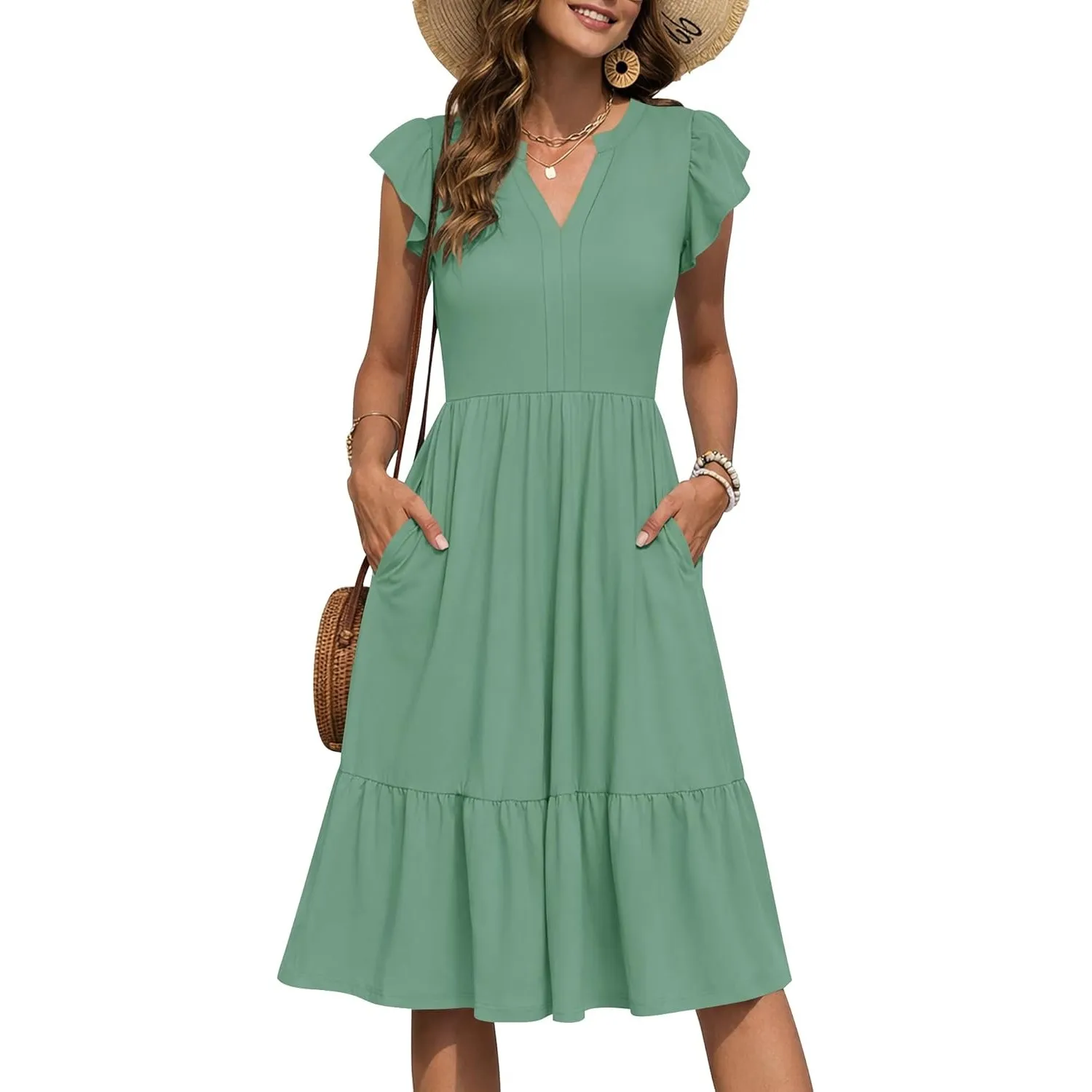 PLMOKEN Sommerkleid Damen Midi V-Ausschnitt A-Linie Kleider Kurzarm Rüschen Ärmel Lockeres Freizeitkleid Mit Taschen