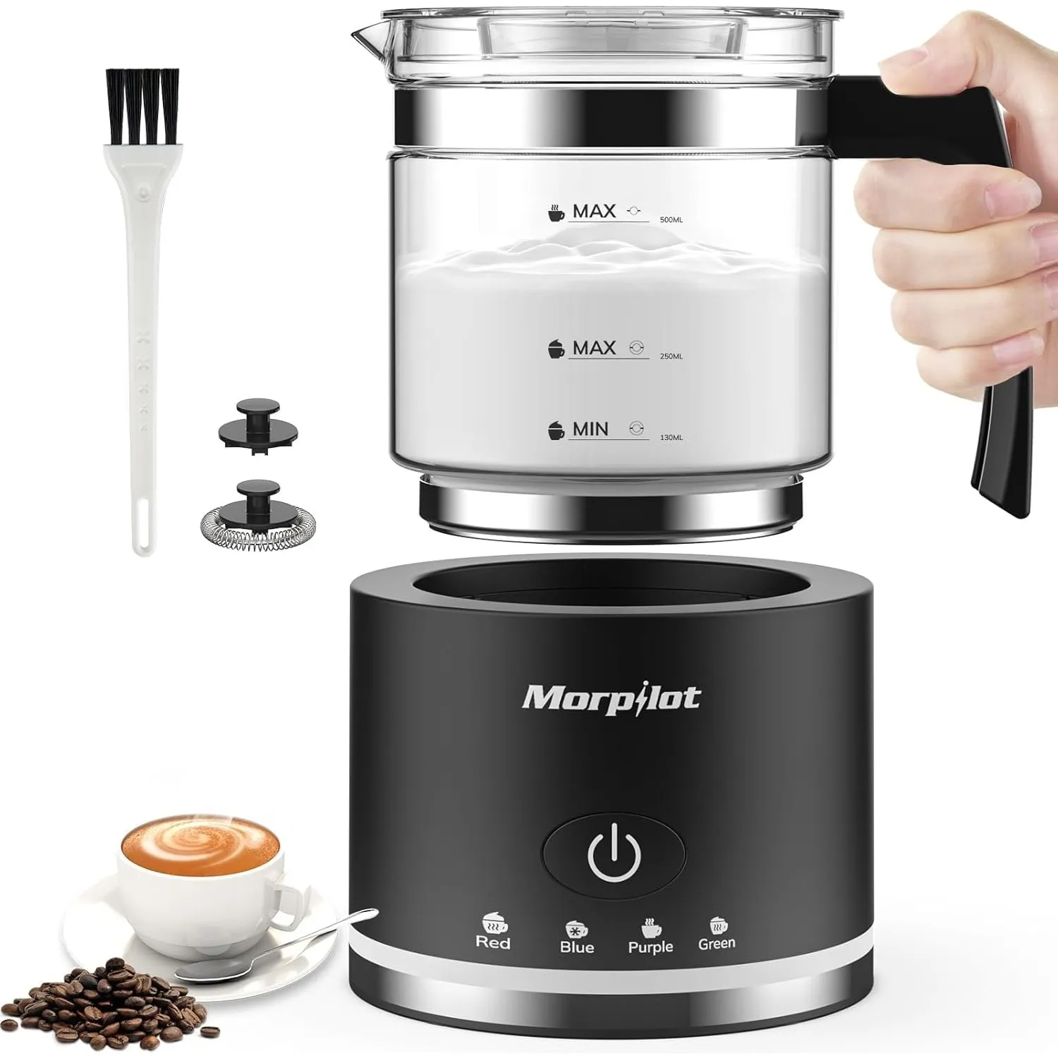 Morpilot Milchaufschäumer Elektrisch, 600W 130-500ml, 4 in 1 Milchschäumer für Heißer und Kalter, Spülmaschinenfest, La…