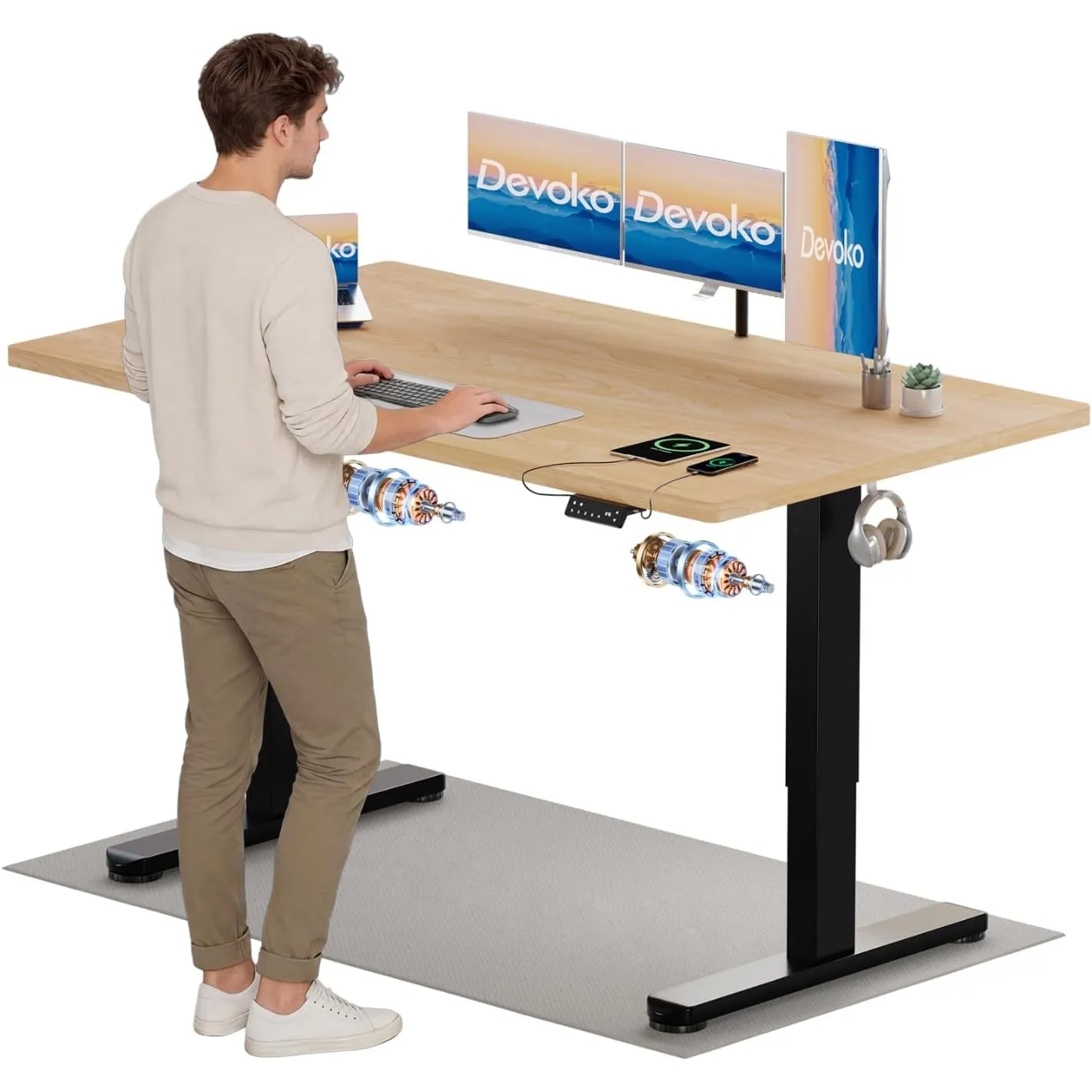 Devoko Höhenverstellbarer Schreibtisch mit 2 Motoren，25mm Einteilige Tischplatte, 160x80 cm Elektrisch Computertisch mi…