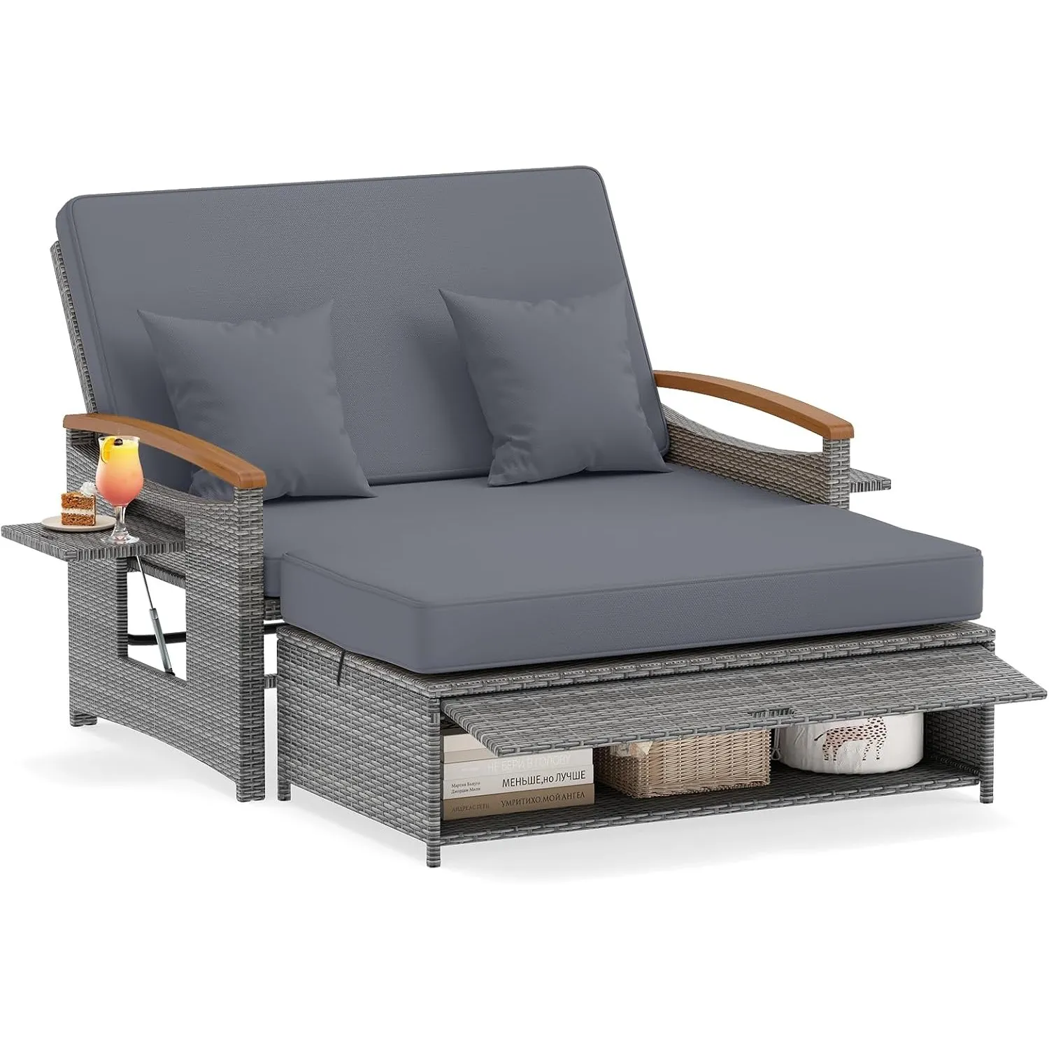 COSTWAY Rattan Lounge Sofa, Lounge Möbel Outdoor, Gartensofa mit Liegefunktion, 2-Sitzer Gartenlounge mit Kissen & Seit…