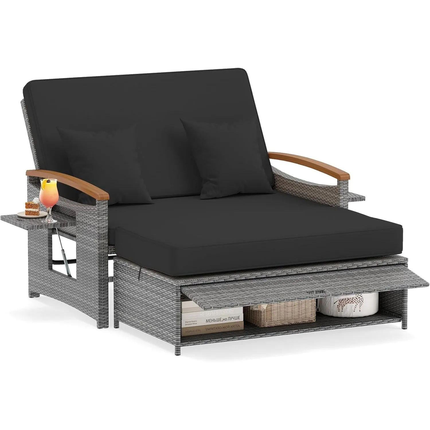 COSTWAY Polyrattan Sonnenliege, Gartenliege mit Verstellbarer Rückenlehne & ausklappbarem Seitenablage, Loungebett, Dop…