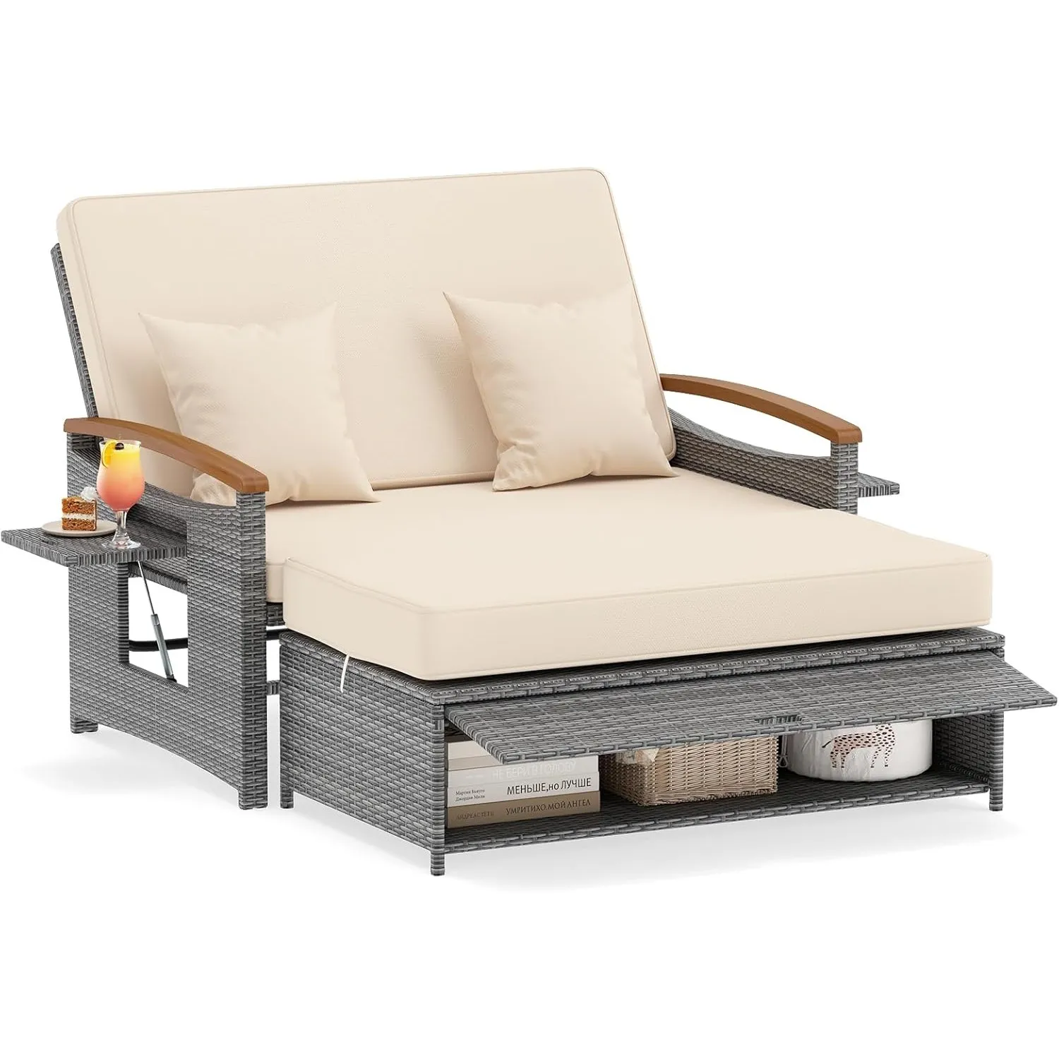 COSTWAY Polyrattan Sonnenliege, Gartenliege mit Verstellbarer Rückenlehne & ausklappbarem Seitenablage, Loungebett, Dop…