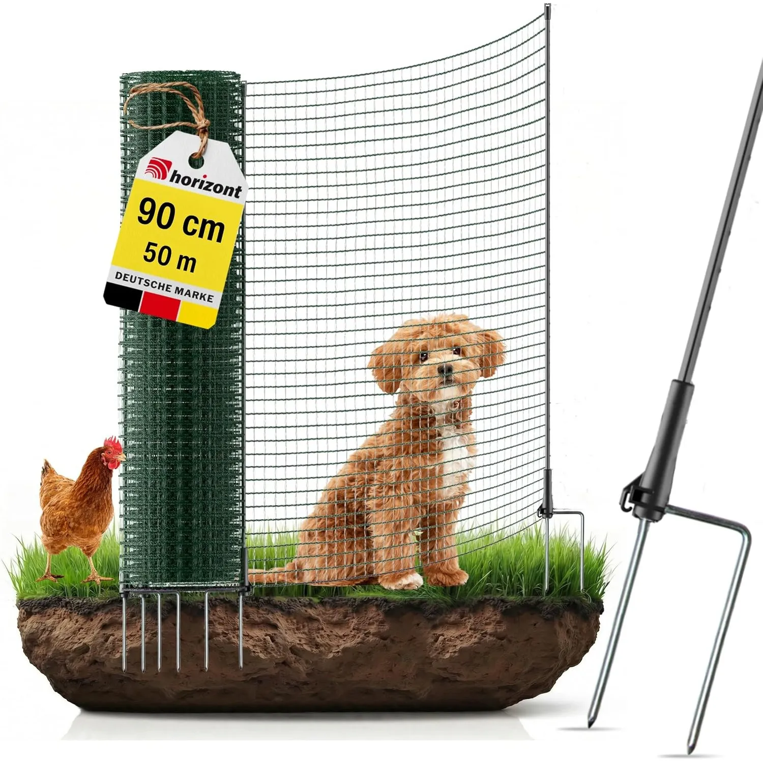 horizont Hundezaun 50 m x 90 cm, 30 Pfähle mit Doppelspitze, engmaschig | Begrenzungszaun FIX, Gartenzaun zum Stecken, …