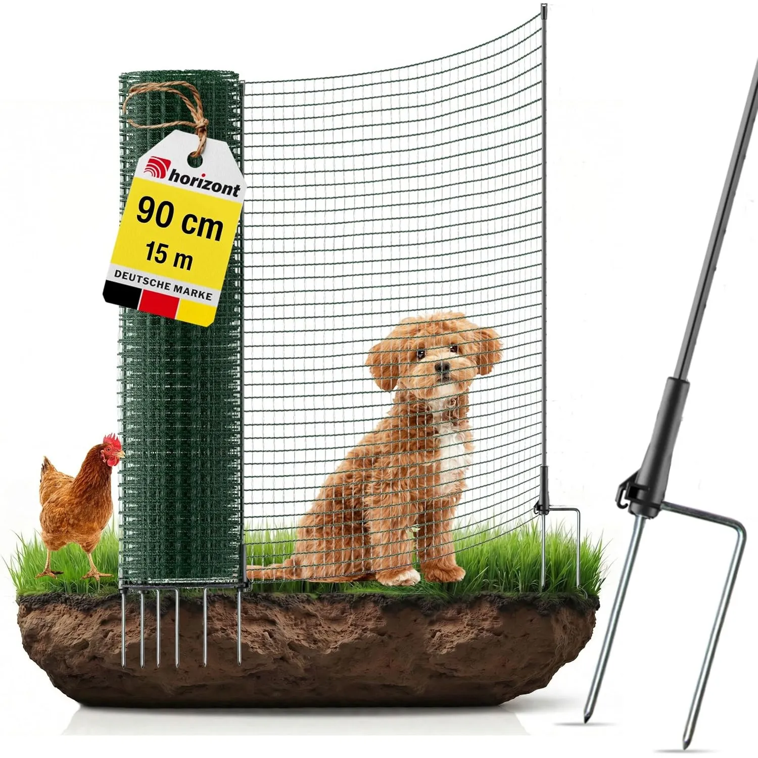 horizont Hundezaun 15 m x 90 cm, 9 Pfähle mit Doppelspitze, engmaschig – Begrenzungszaun FIX – Gartenzaun zum Stecken, …