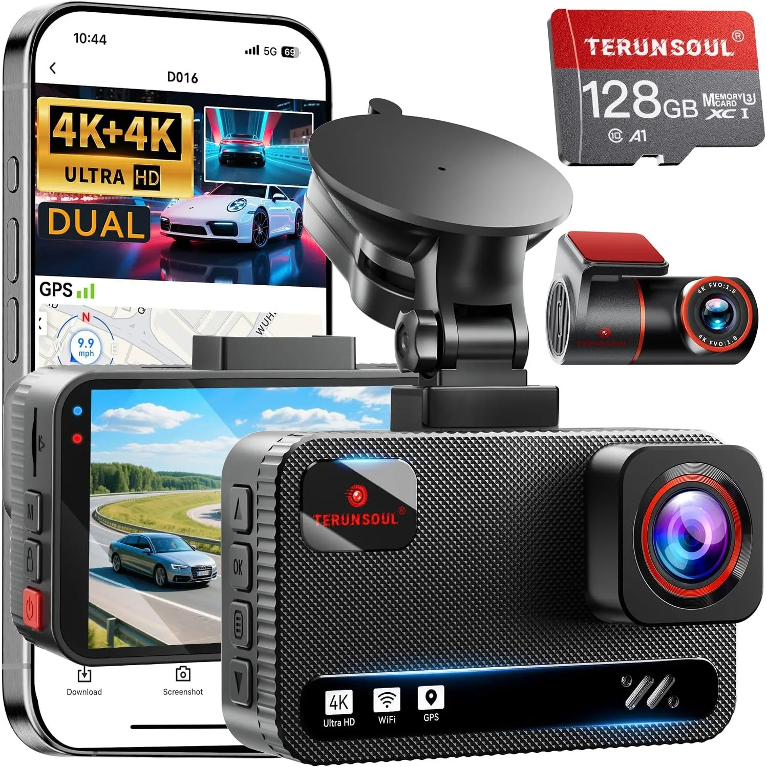 Dashcam Auto 4K+4K,Dashcam Auto Vorne Hinten mit 128GB-Karte, 5.8GHz-WiFi, 3" IPS Dashcam mit Parküberwachung, Loop-Auf…