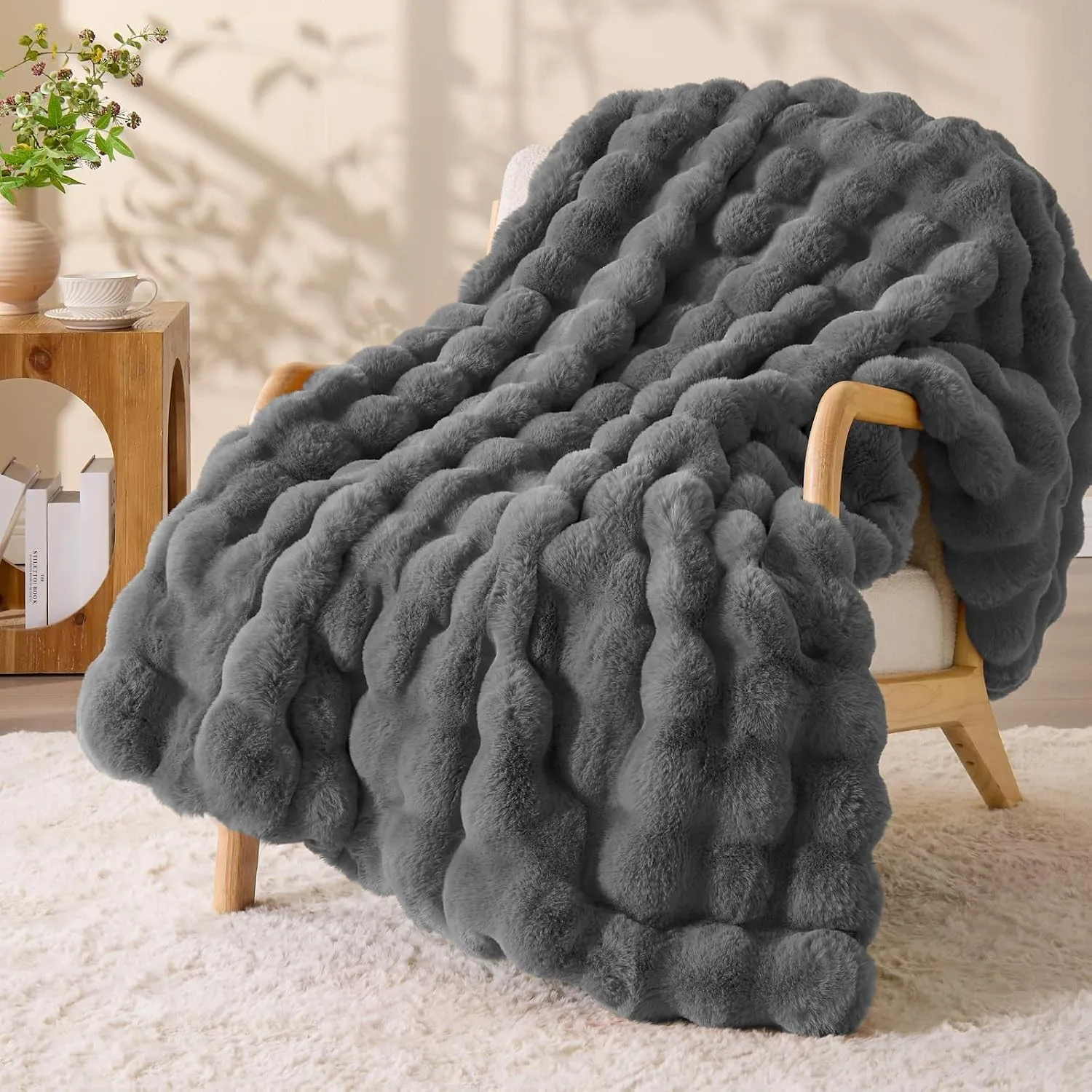 BEDELITE Bubble Fellimitat Kuscheldecke Flauschig Decke 125x150, Grau