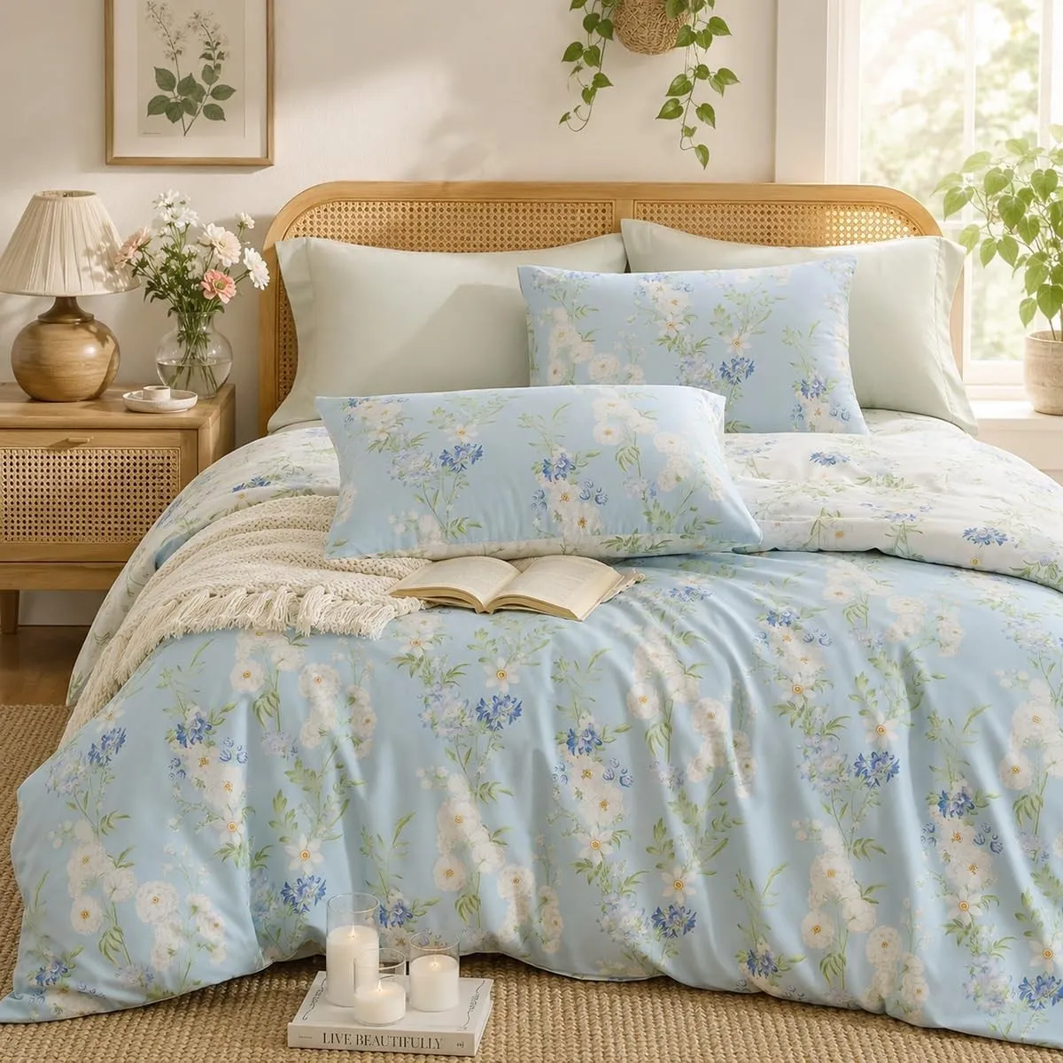 Lanqinglv Bettwäsche 135x200 Baumwolle Blau Grün Weiß Blumenmuster