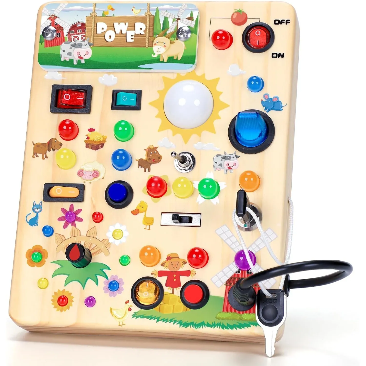Montessori Spielzeug Busy Board ab 1 Jahr Activity Board aus Holz-Bauernhof | Motorikspielzeug mit, 13 Schaltern 24 LED…