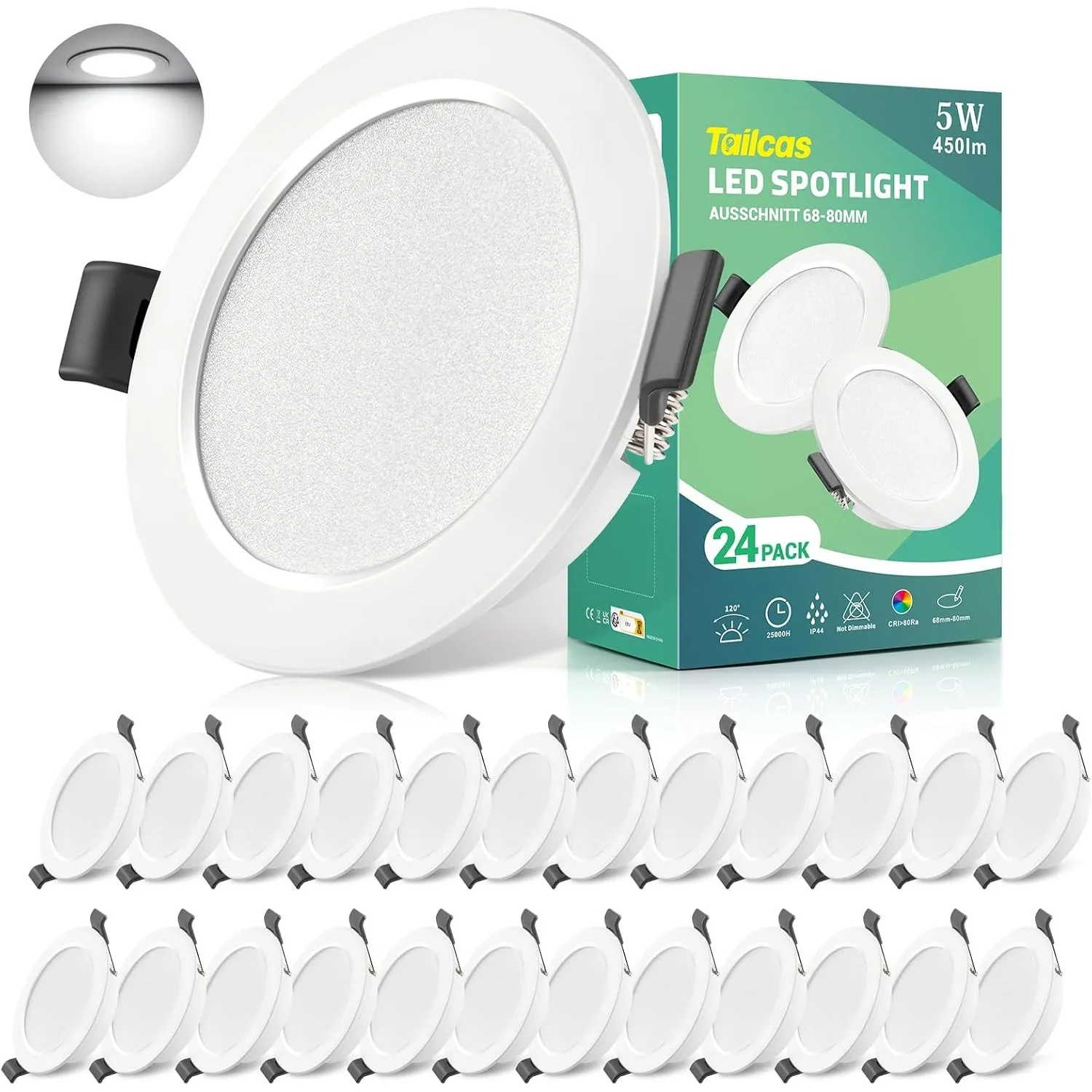 LED Einbaustrahler Ultra Flach 230V 5W, 6000K Kaltweiß 24er Set LED Spots | IP44 68-80mm EinbauØ, 450lm Deckenleuchte E…