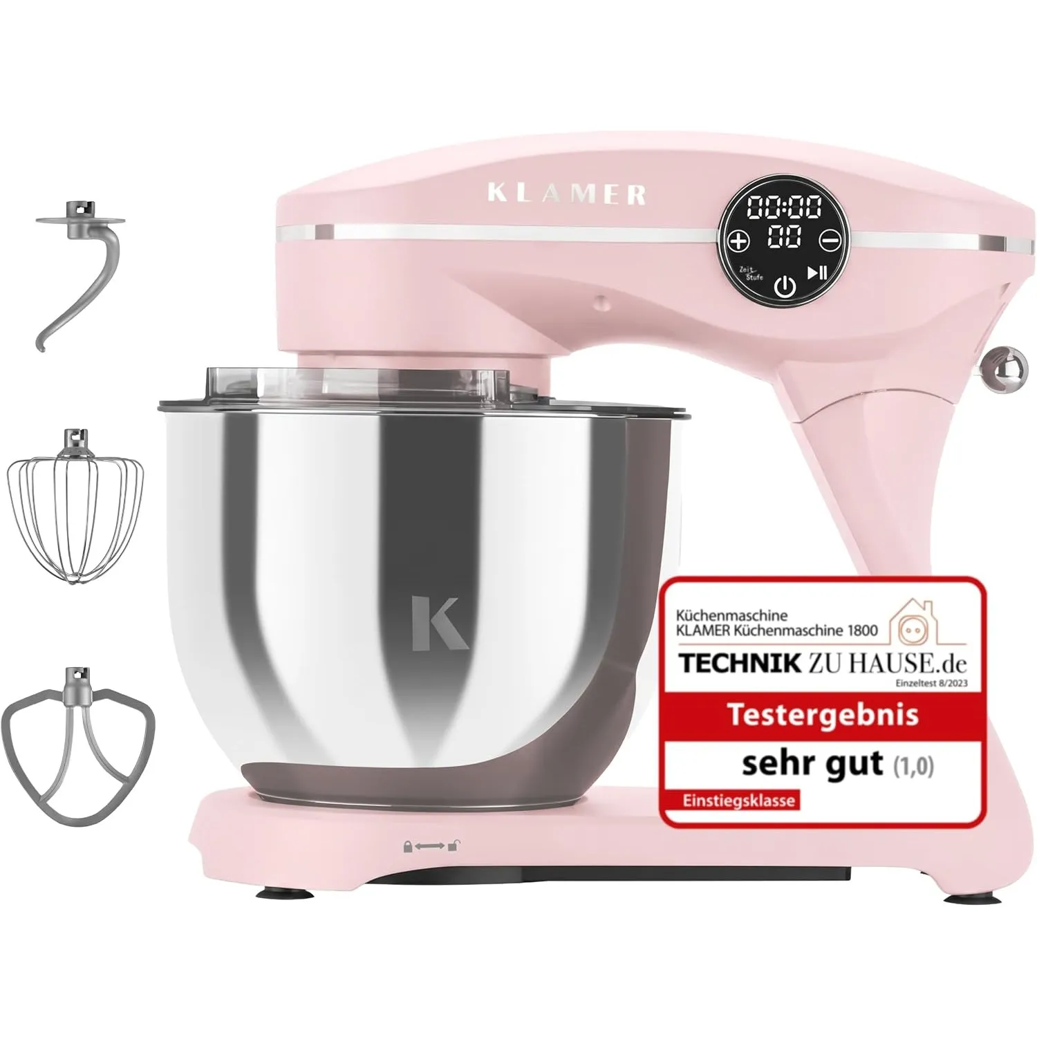 KLAMER Küchenmaschine 1800W, Knetmaschine Brotteig mit Edelstahl-Rührschüssel 6 L, 10 Stufen mit Timer, Planetenrührwer…