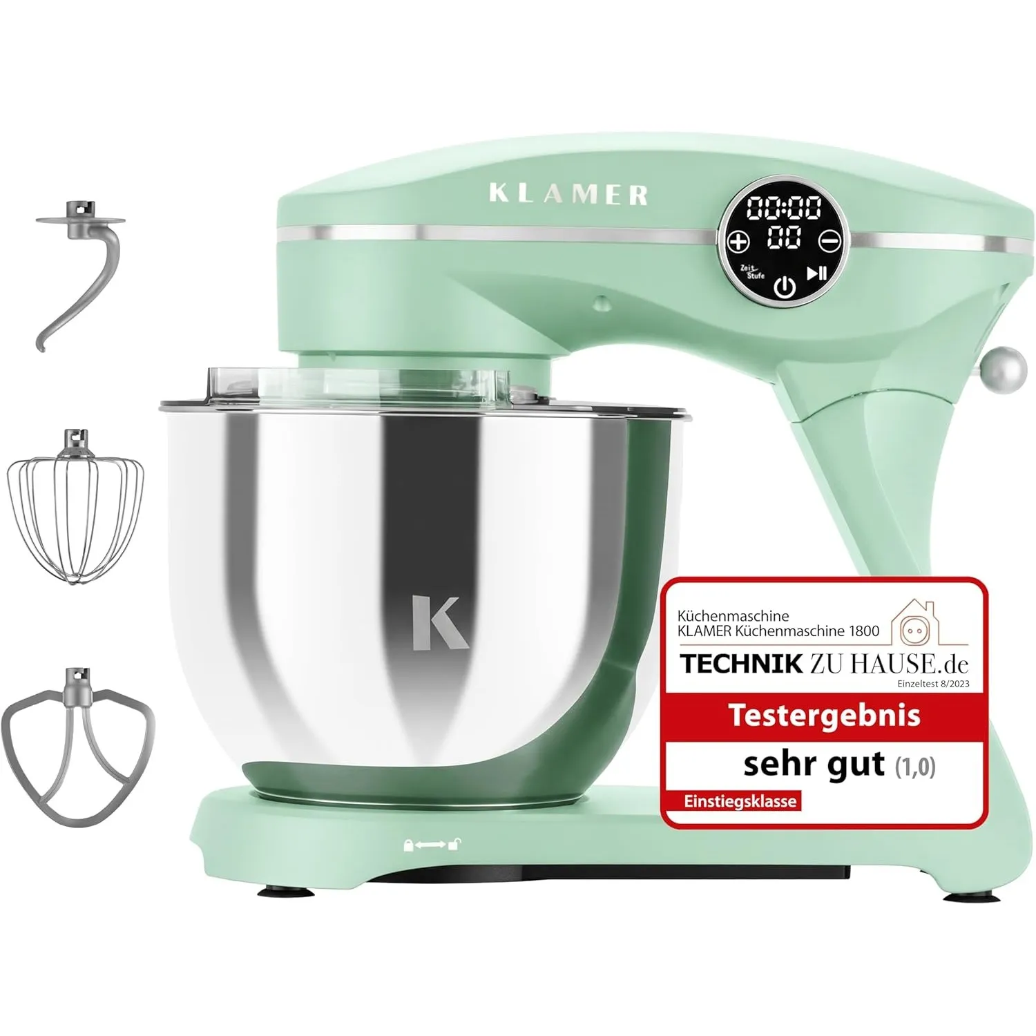 KLAMER Küchenmaschine 1800W, Knetmaschine Brotteig mit 6L Edelstahlschüssel | 10 Geschwindigkeiten und Timer, Planetenr…