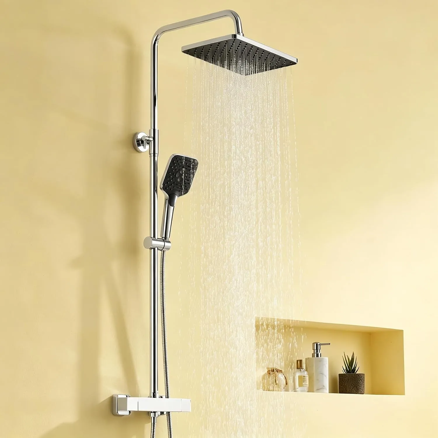 Auralum Duscharmatur Regendusche Komplettset mit Messing Thermostat-Armatur, Edelstahl Duschsystem mit 3-Strahl-Handbra…