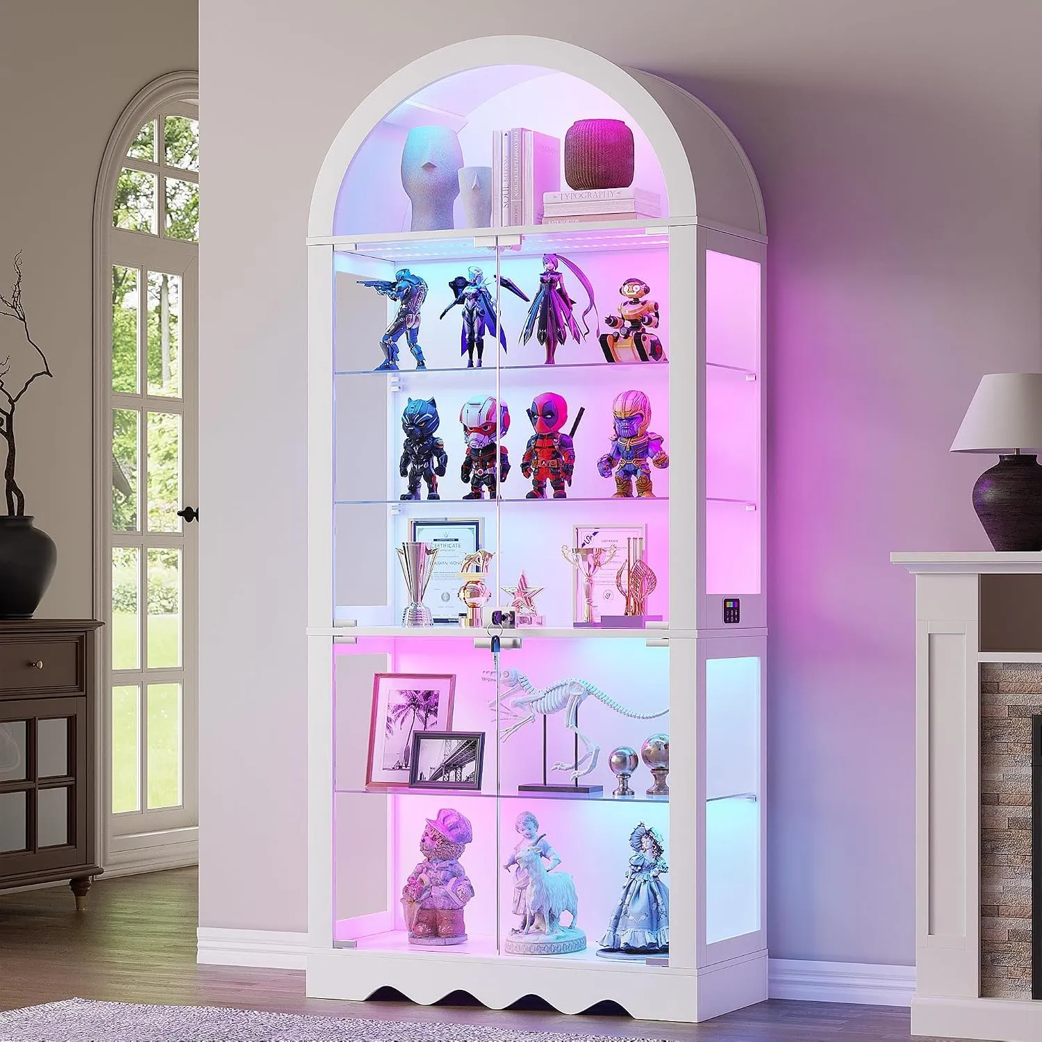 FREDEES 180cm Vitrine mit Glastüren 6 Ebenen mit Bogen-Design & RGB LED