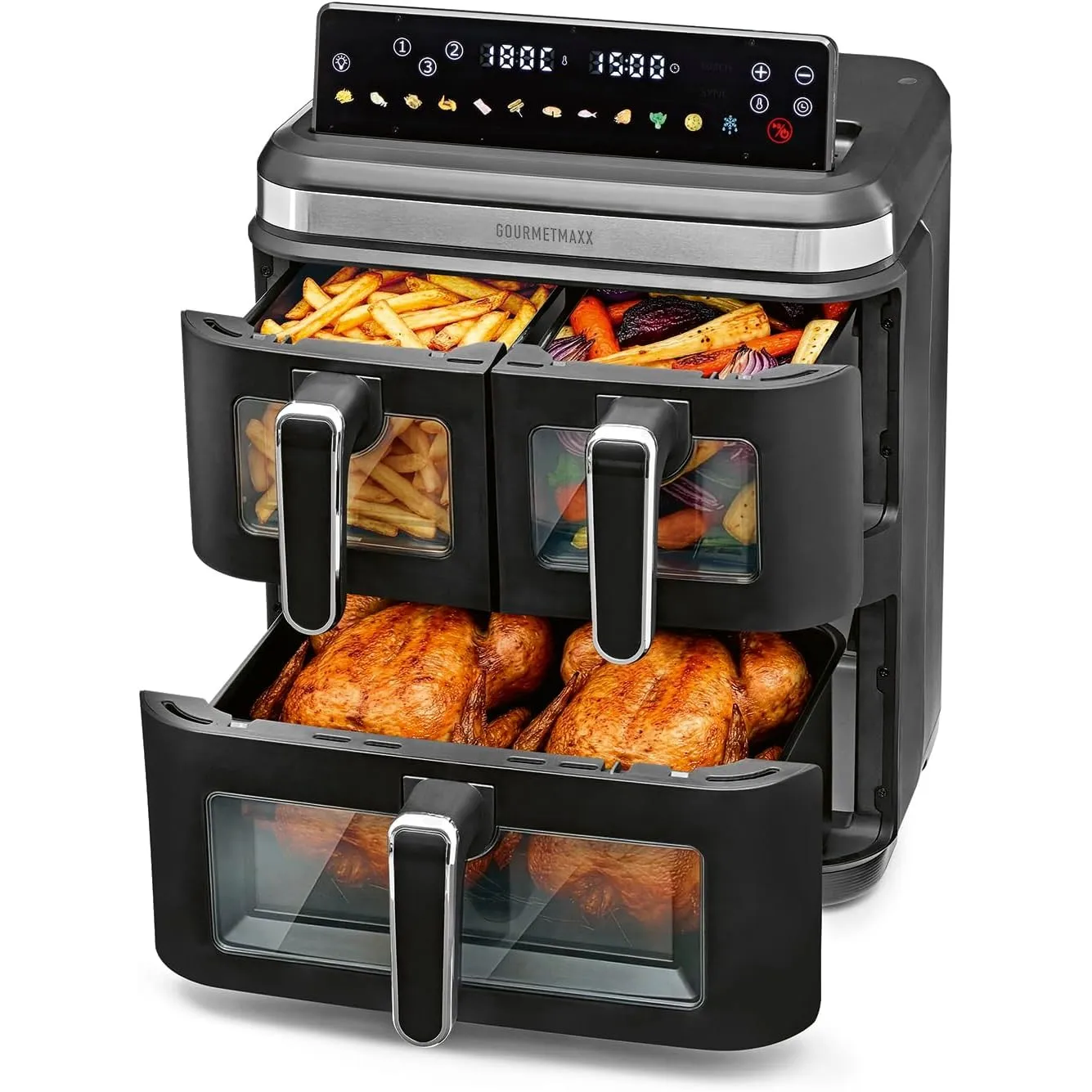 GOURMETmaxx FryUp3 Vertikale Heißluftfritteuse 3 Kammern | Heissluftfritteuse XXL 17 Liter | Airfryer mit Klapp-Touchdi…