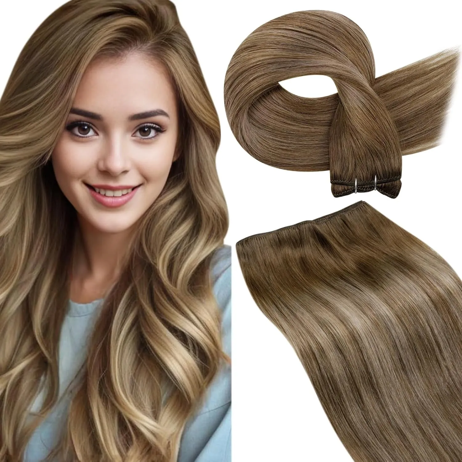 LaaVoo Haartressen Echthaar zum Einnähen 45cm Braun Blond Echthaar Extensions Tressen Hellbraun Balayage Goldene Blond …