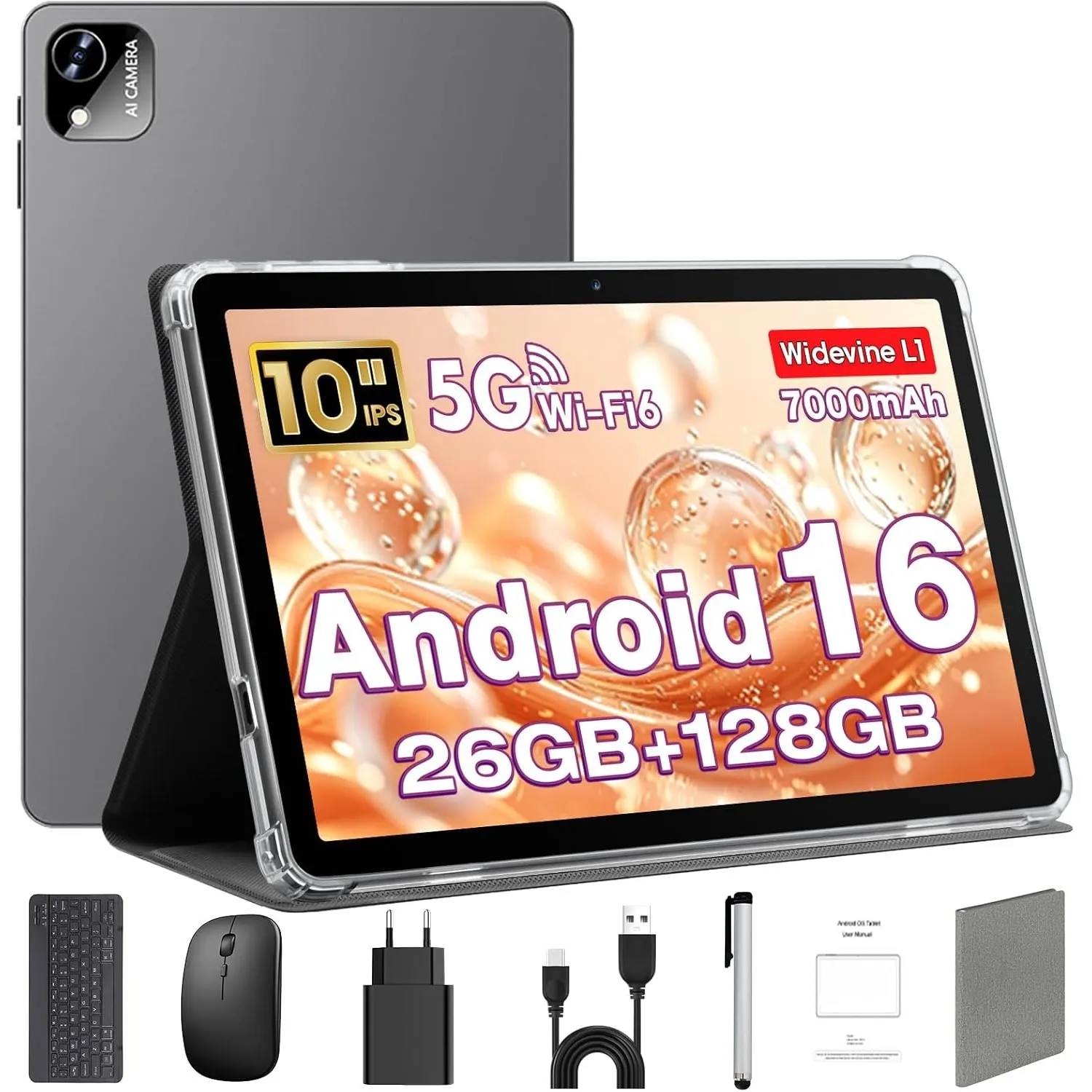 Android 16 Tablet 10 Zoll mit Tastatur, Maus & Stift, Unisoc T606 CPU, 26 GB RAM + 128 GB ROM + 1 TB TF, 1280x800 HD IP…
