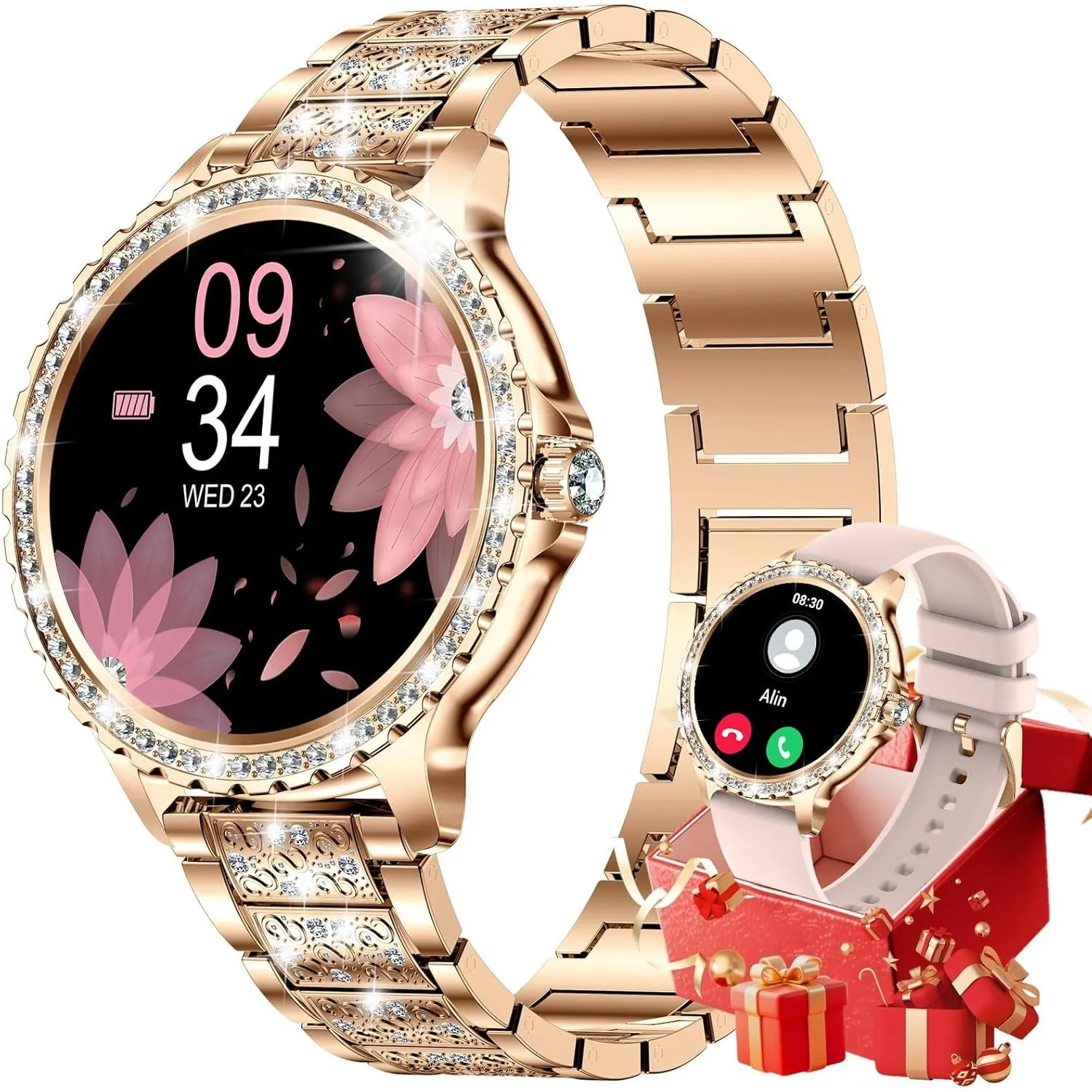 Smartwatch Damen mit Diamant, 1,32" HD Round Fitnessuhr mit Telefonfunktion, Herzfrequenz/Schlafmonitor, 500+ Ziffernbl…