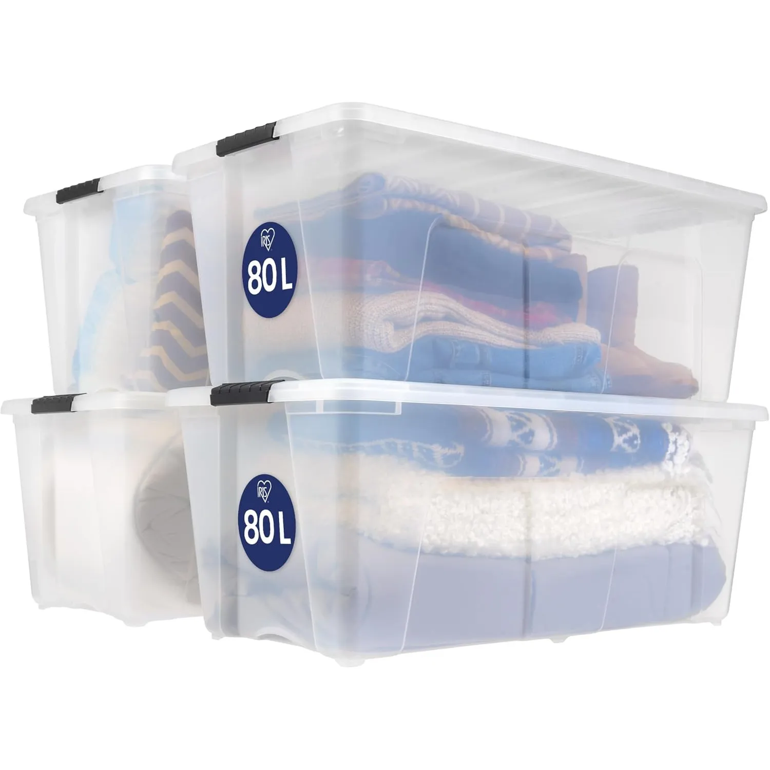 Iris Ohyama, Große Aufbewahrungsbox aus Kunststoff mit Deckel, 80 L, Set von 4, Transparent, Verschlussclips, Griff, St…