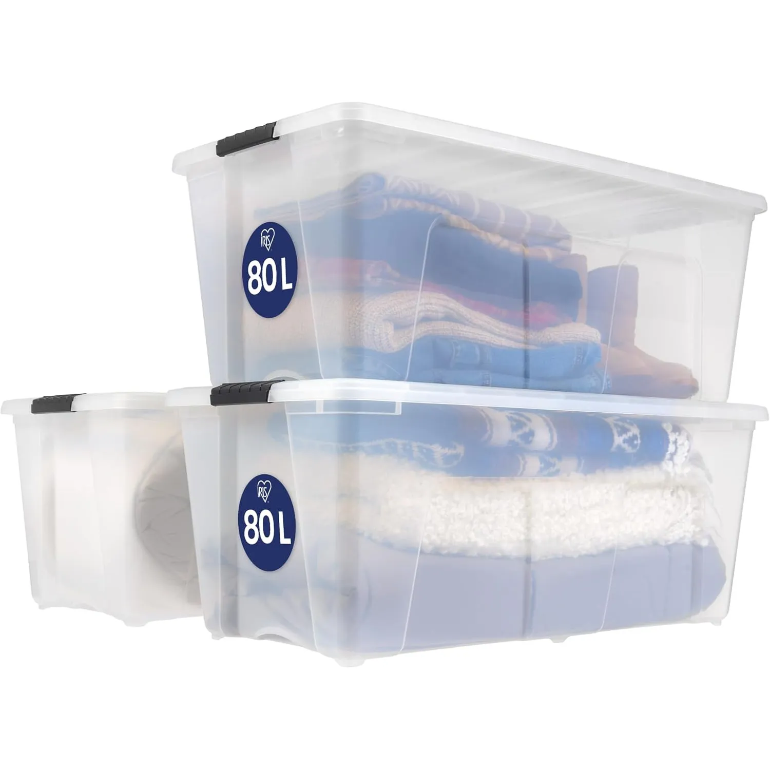 Iris Ohyama, Große Aufbewahrungsbox aus Kunststoff mit Deckel, 80L, 3er-Set, Transparent, Verschlussclips, Tragegriff, …