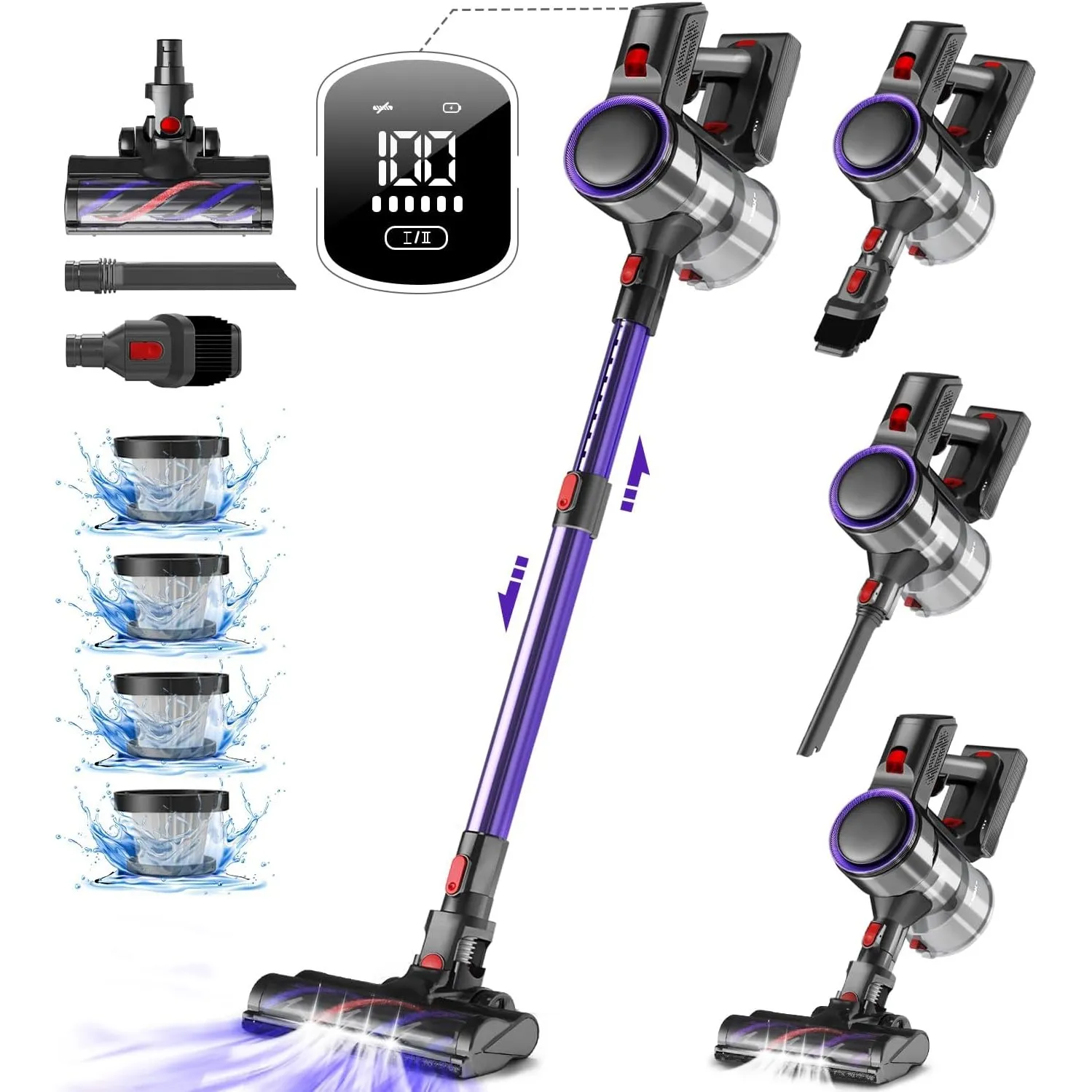 Akku Staubsauger Kabellos, 45000Pa Kabelloser Staubsauger mit Touchscreen, 50Mins, 1.6L, H13 HEPA, Anti-Tangle-Bürste, …