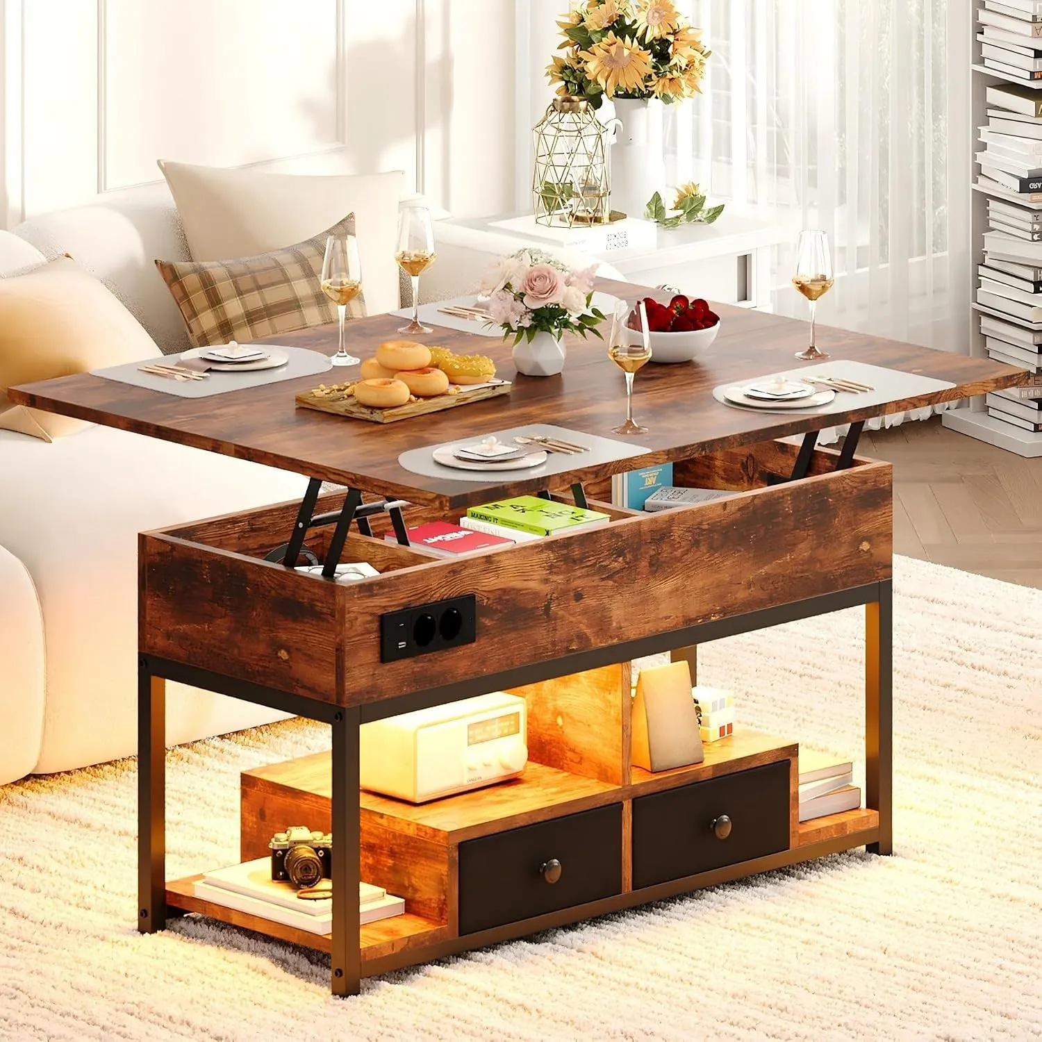 IRONCK Couchtisch Höhenverstellbar, LED Wohnzimmertisch mit Steckdosen