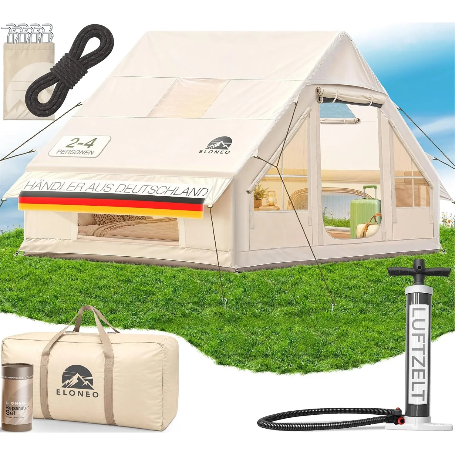 ELONEO aufblasbares Zelt für 2/4/6/8 Personen mit Dachfenster & Luftpumpe, Premium Glamping Zelt wasserdicht, Luftzelt,…
