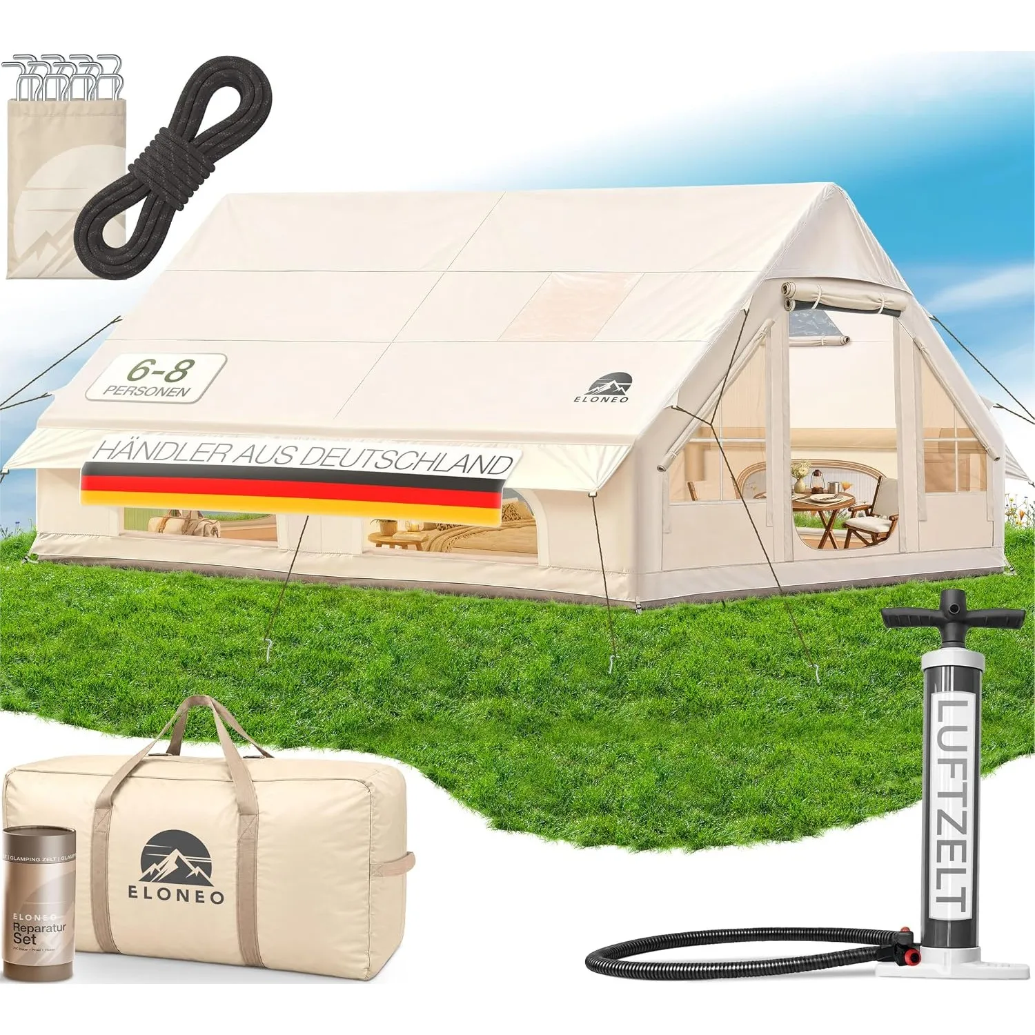 ELONEO aufblasbares Zelt für 2/4/6/8 Personen mit Dachfenster & Luftpumpe, Premium Glamping Zelt wasserdicht, Luftzelt,…