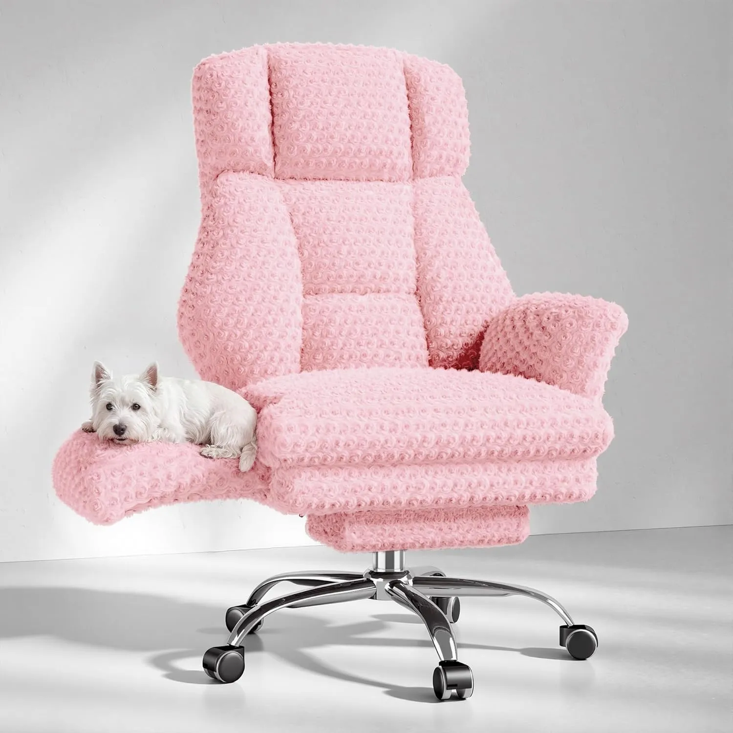 HOMRELEXA Bürostuhl mit Fußstütze, 135° für Home Office, Rosé-Samtrosa