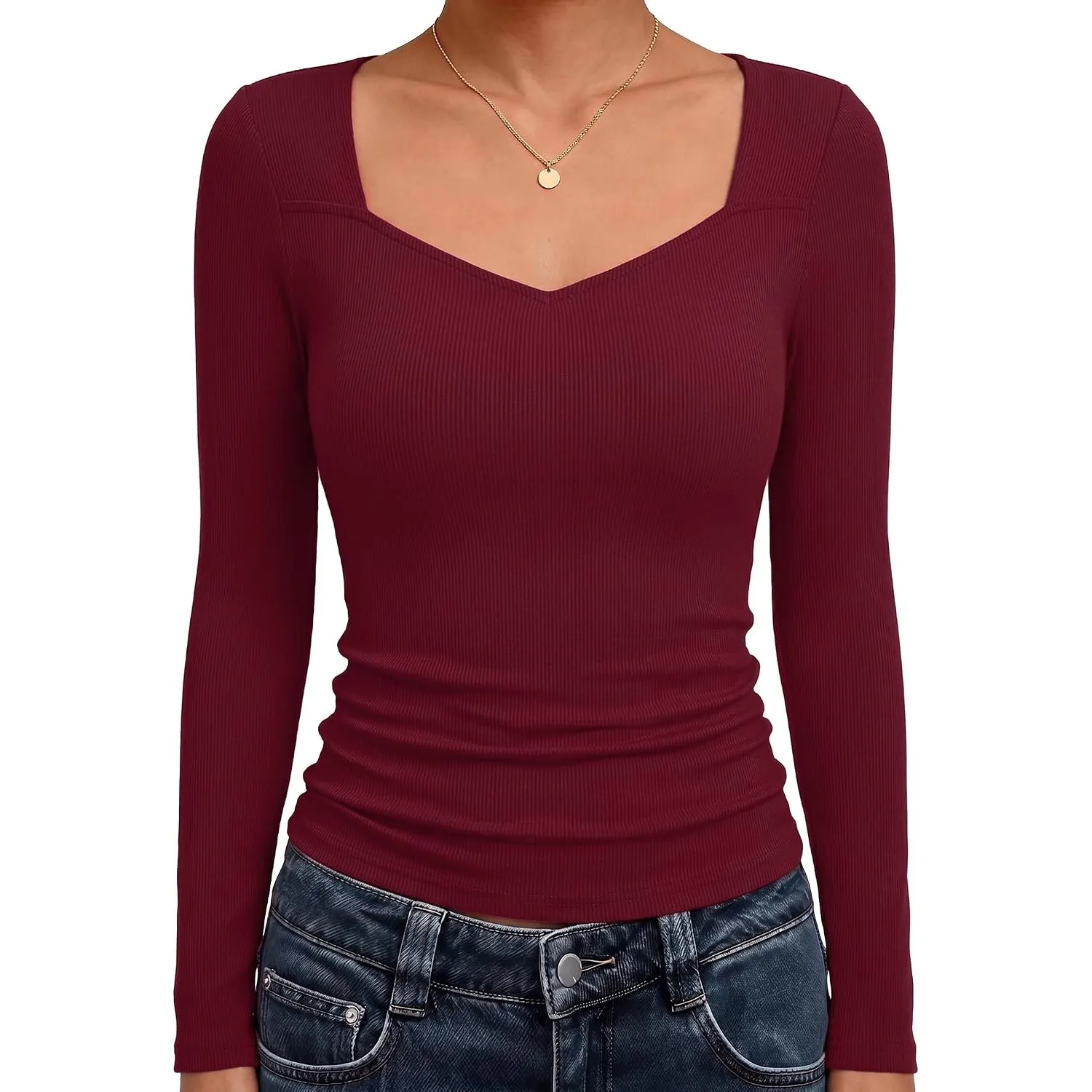 Aottori Langarmshirt Damen Eckiger Ausschnitt Longsleeve Gerippt Oberteile