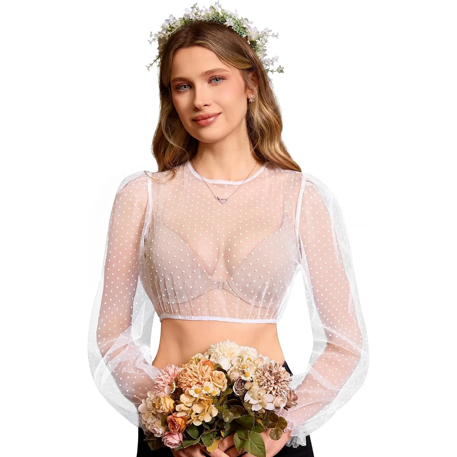 DIRNDLSTERN Bluse Damen Langarm – Dirndlbluse Transparent mit Punkten Trachtenbluse Puffärmel für Oktoberfest & Bayeris…