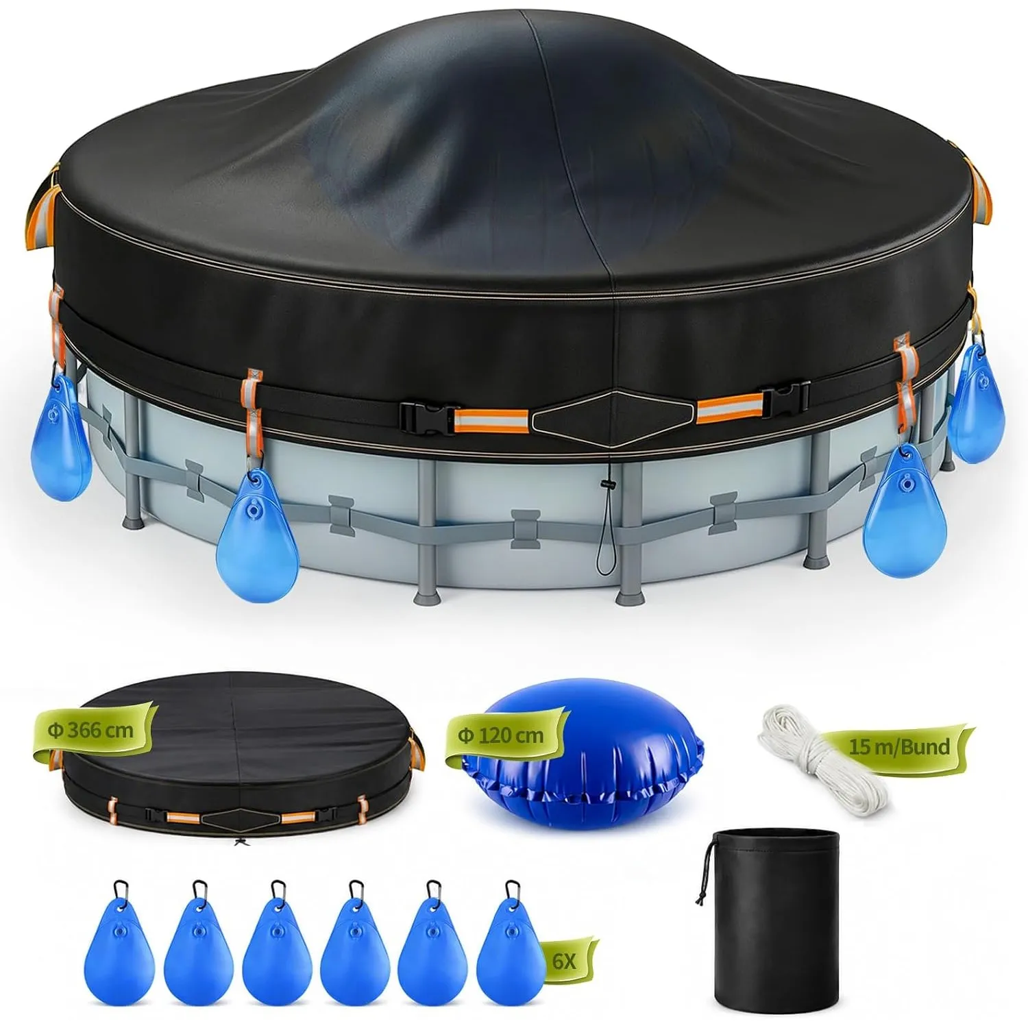 Poolabdeckung Rund 366cm Set mit Poolkissen Winter, 6 Wasser-Gewichtssäcke