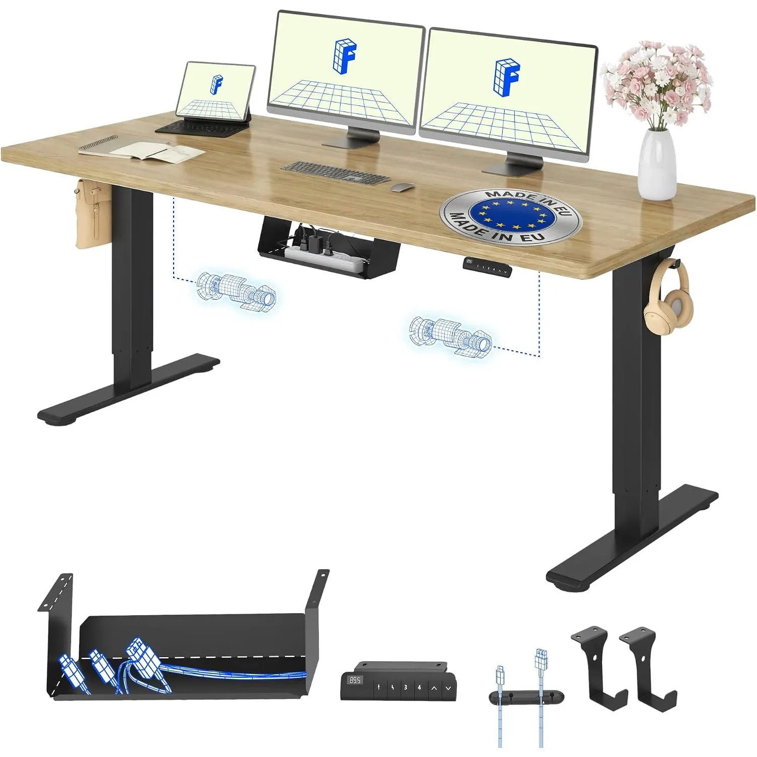 FLEXISPOT Höhenverstellbarer Schreibtisch elektrisch, Doppelmotor 160x80 cm | Elektrischer Büro- & Computertisch mit 25…