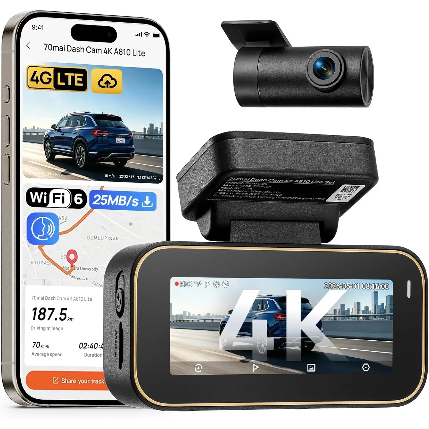 70mai A810 Lite Dashcam Vorne Hinten, 4K Dashcam Auto HDR - Ohne SD-Karte