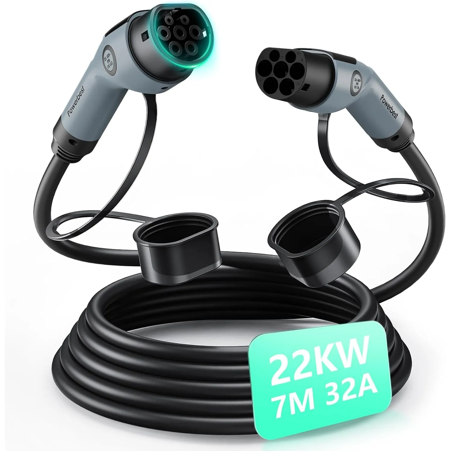 POWERBESR Typ-2-Ladekabel, 22KW 7M 32A Dreiphasiges E-Auto-Ladekabel | Typ 2 auf Typ 2 Mode 3 für Elektro- und Hybridfa…
