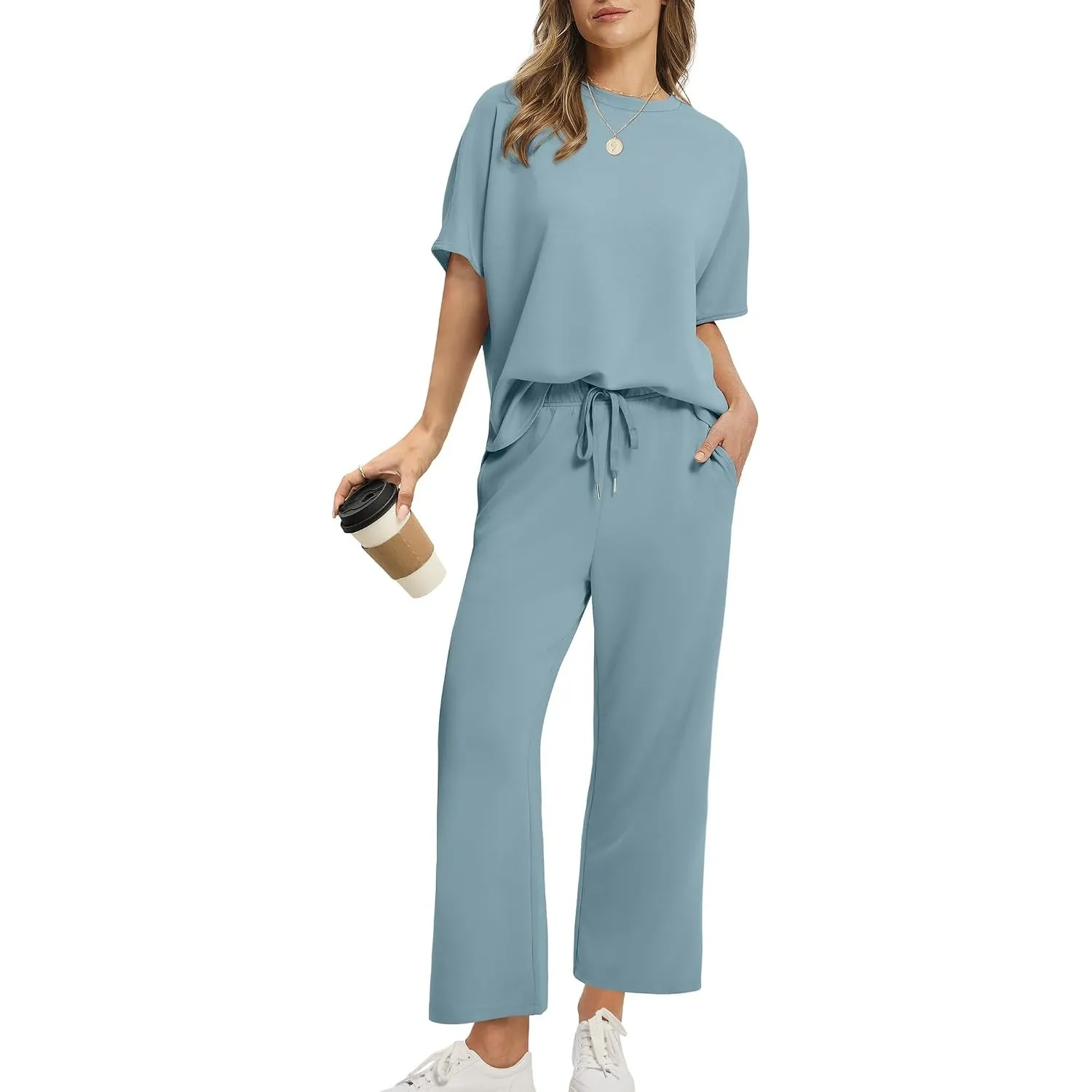 Desol Zweiteiler Damen Sommer Outfits, Trainingsanzug Sets Kurzarm Oberteil & Jogginghosen, Weites Bein Caprihosen für …