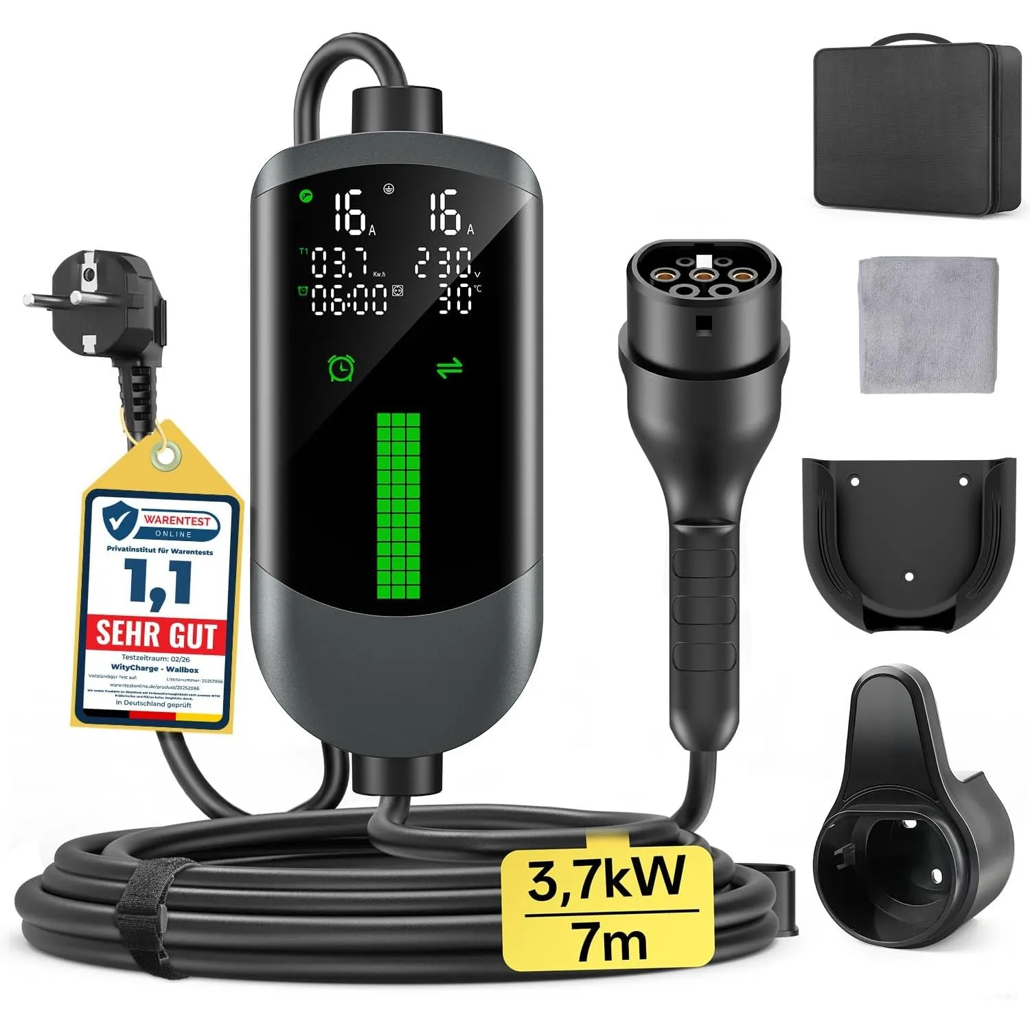 Typ 2 Ladekabel Schuko 3,7kW, EV Chargers Ladekabel Auto[1-phasig|7m|6-16A]